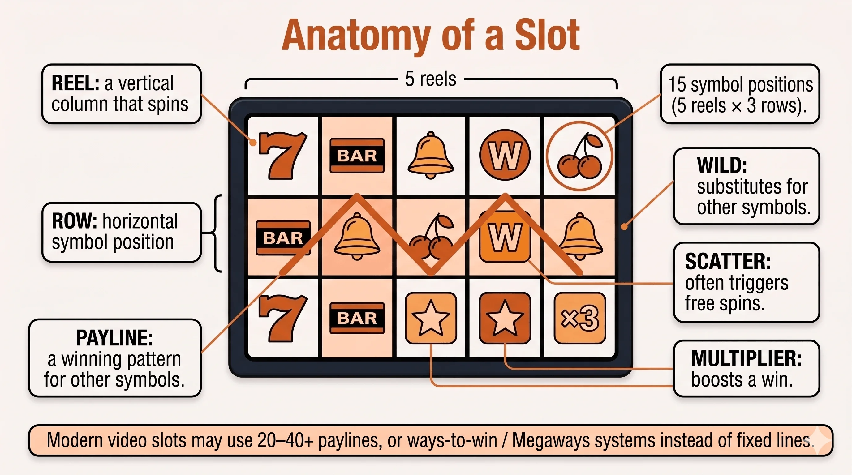Labeled diagram of a 5-reel, 3-row video slot identifying the reels, rows, symbol positions, a sample payline, and the wild, scatter, and multiplier symbols.