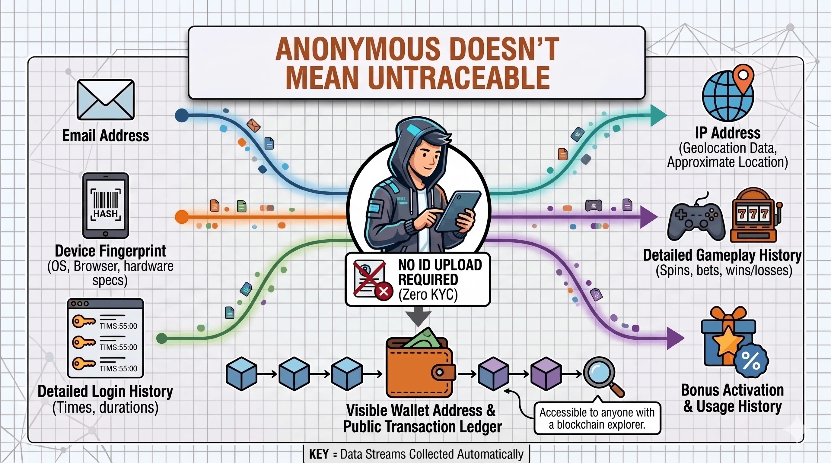 Diagram showing the data a no-KYC casino still sees without an ID upload: email, IP and location, device fingerprint, gameplay history, and a public-ledger wallet address.