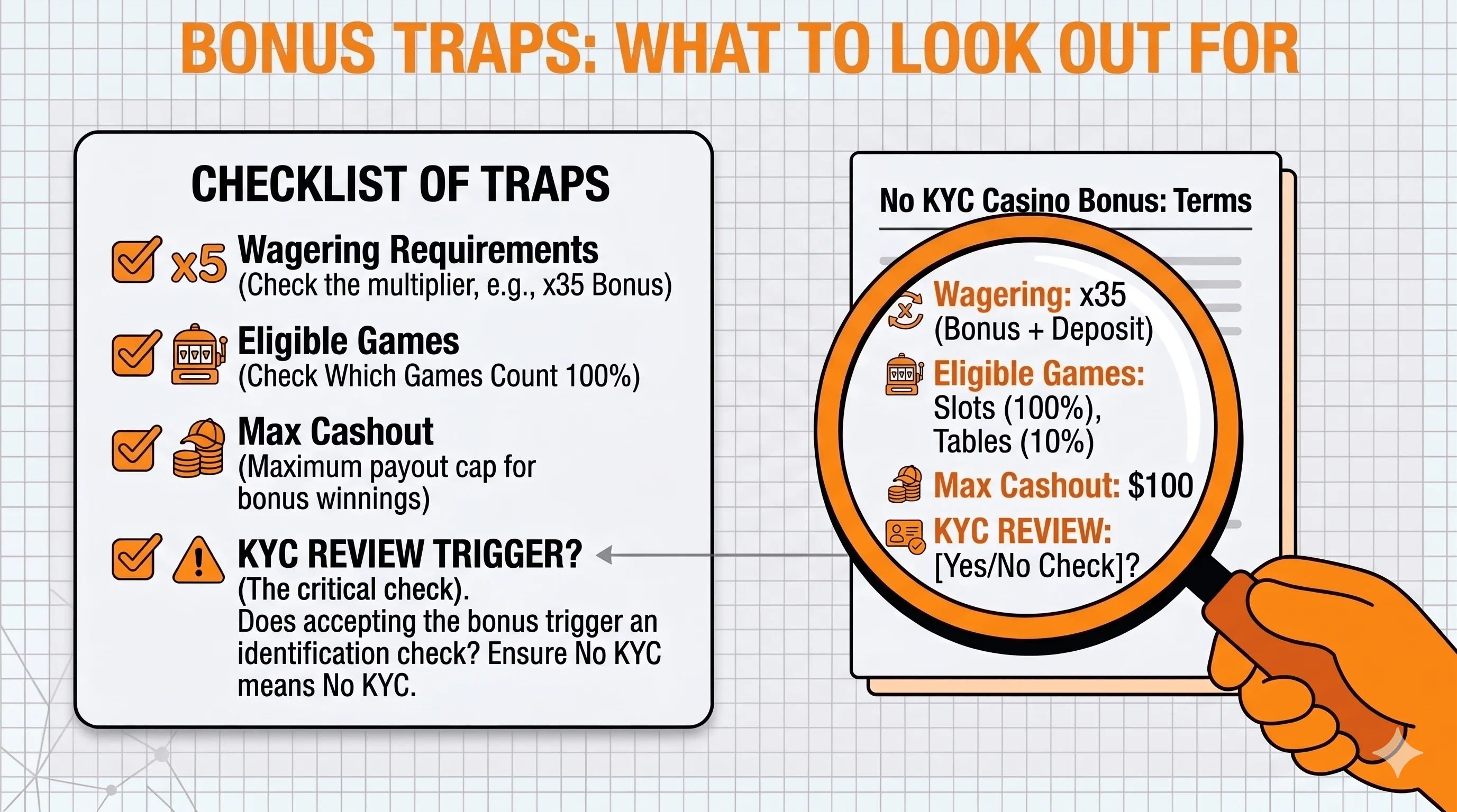 Infographic checklist of casino bonus traps to check: wagering multiplier, eligible games, max cashout cap, and whether the bonus triggers a KYC review.