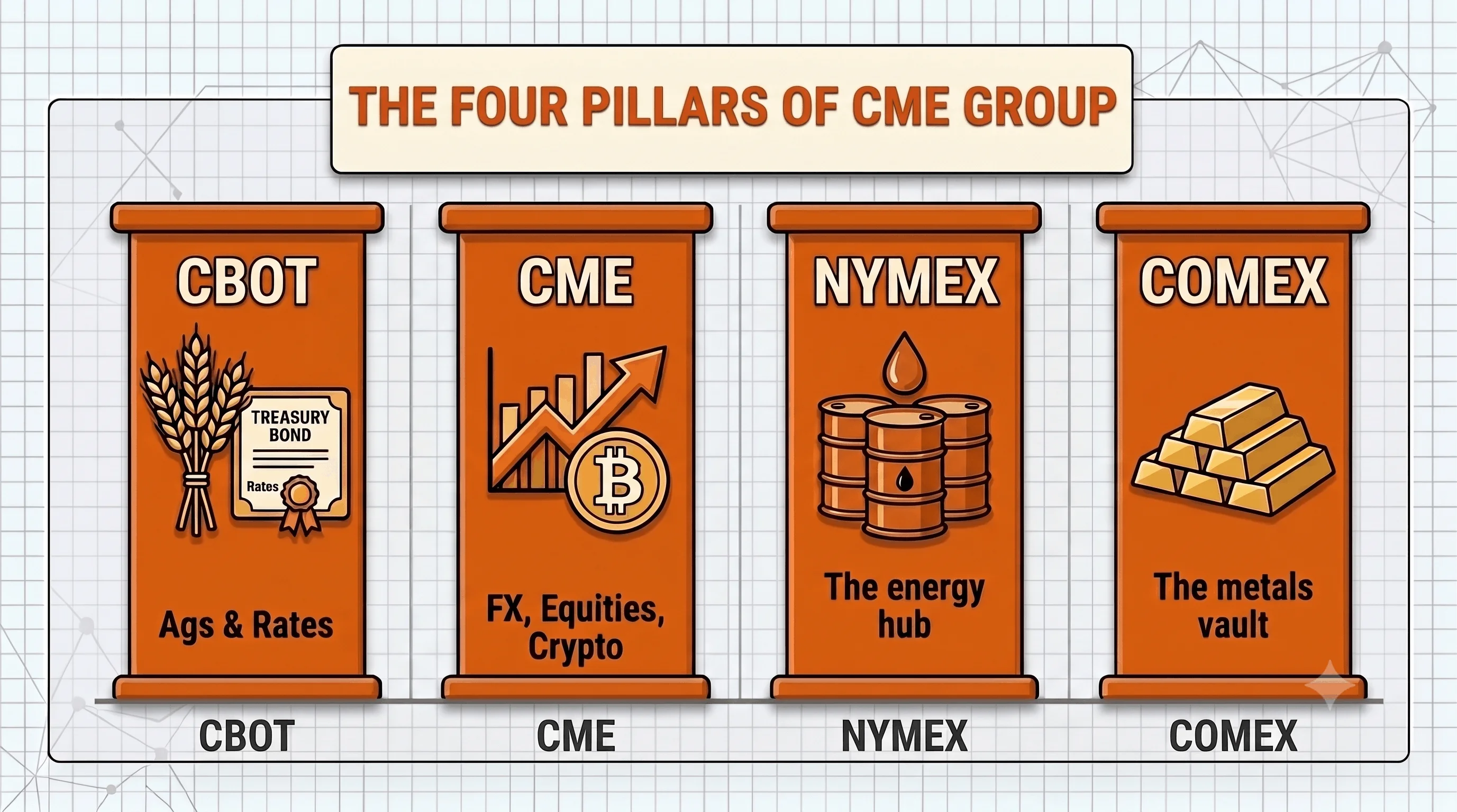 An illustration showing the four historic exchanges that make up CME Group: CBOT for agriculture and rates, CME for FX, equities, and crypto, NYMEX for energy, and COMEX for metals.