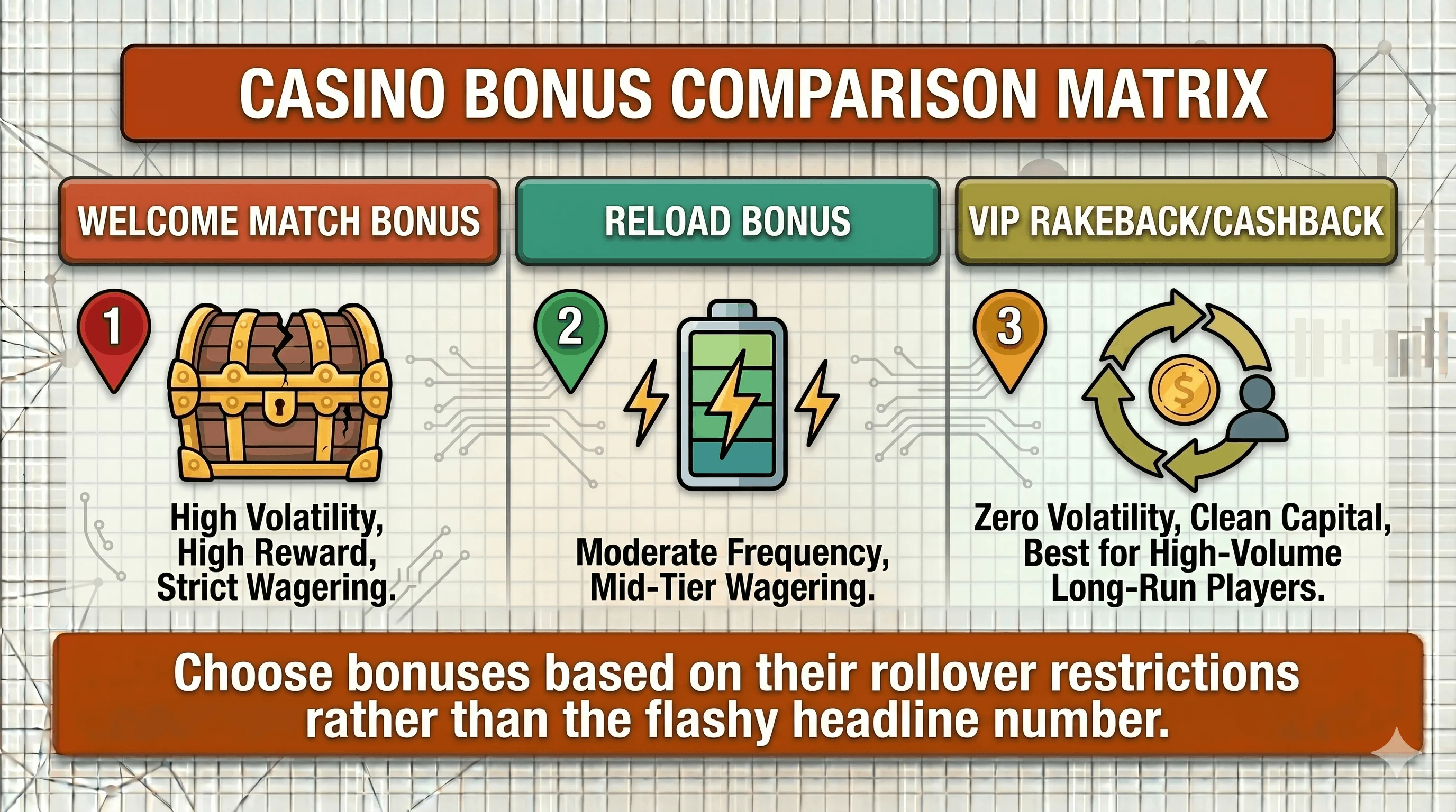 Three-column infographic titled "Casino Bonus Comparison Matrix" comparing a Welcome Match Bonus (high reward but strict wagering), a Reload Bonus (moderate frequency, mid-tier wagering), and VIP Rakeback/Cashback (clean capital, best for high-volume long-run players), with the advice to choose bonuses by their rollover restrictions rather than the flashy headline number.