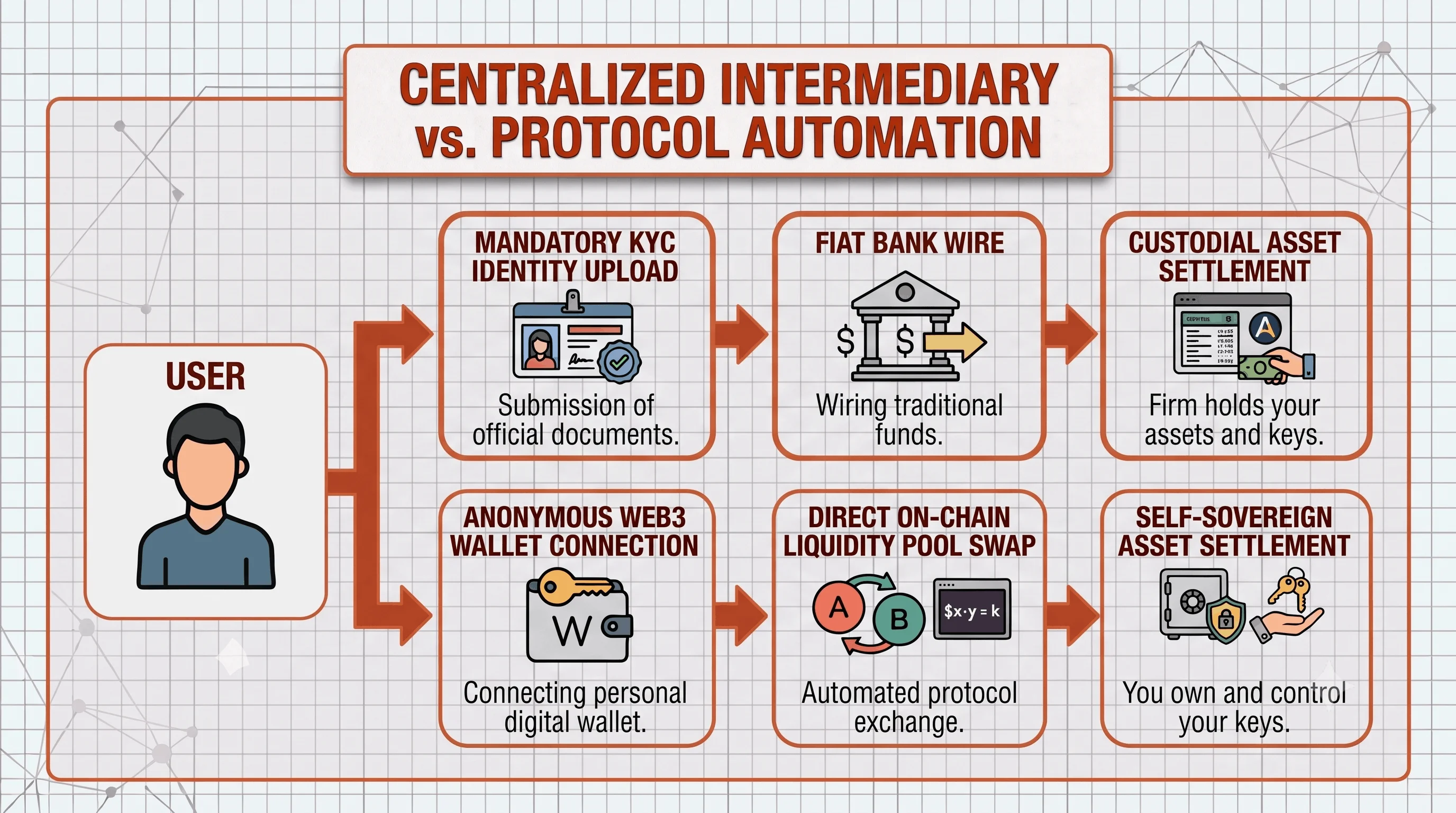 Infographic contrasting two paths for a user: the centralized intermediary route (mandatory KYC identity upload, fiat bank wire, custodial asset settlement where the firm holds your keys) versus the protocol-automation route (anonymous Web3 wallet connection, direct on-chain liquidity-pool swap, self-sovereign settlement where you control your keys).