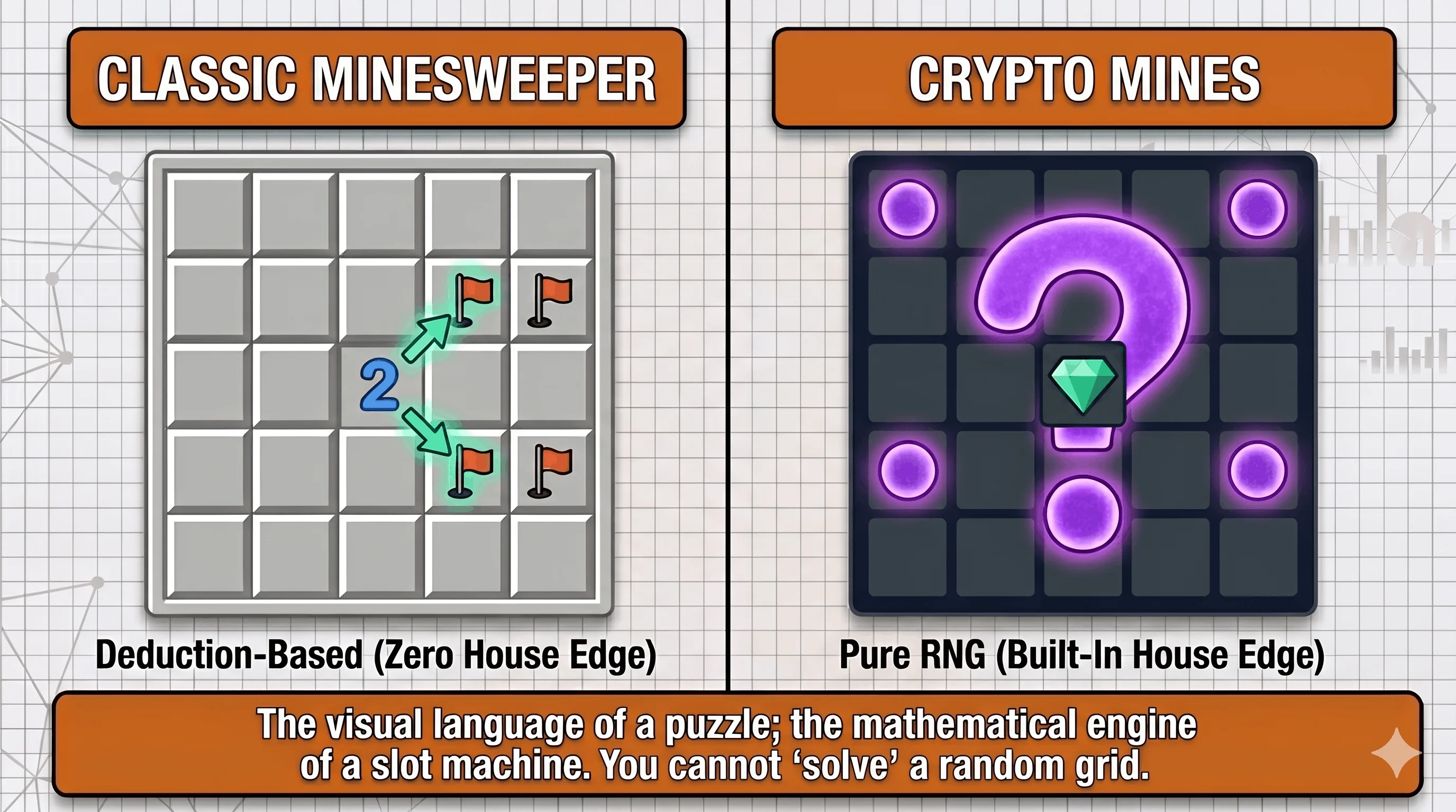 Side-by-side comparison of a classic Minesweeper grid (with a numbered "2" clue and flagged tiles) labeled "Deduction-Based (Zero House Edge)" versus a dark Crypto Mines grid with a glowing purple question mark labeled "Pure RNG (Built-In House Edge)