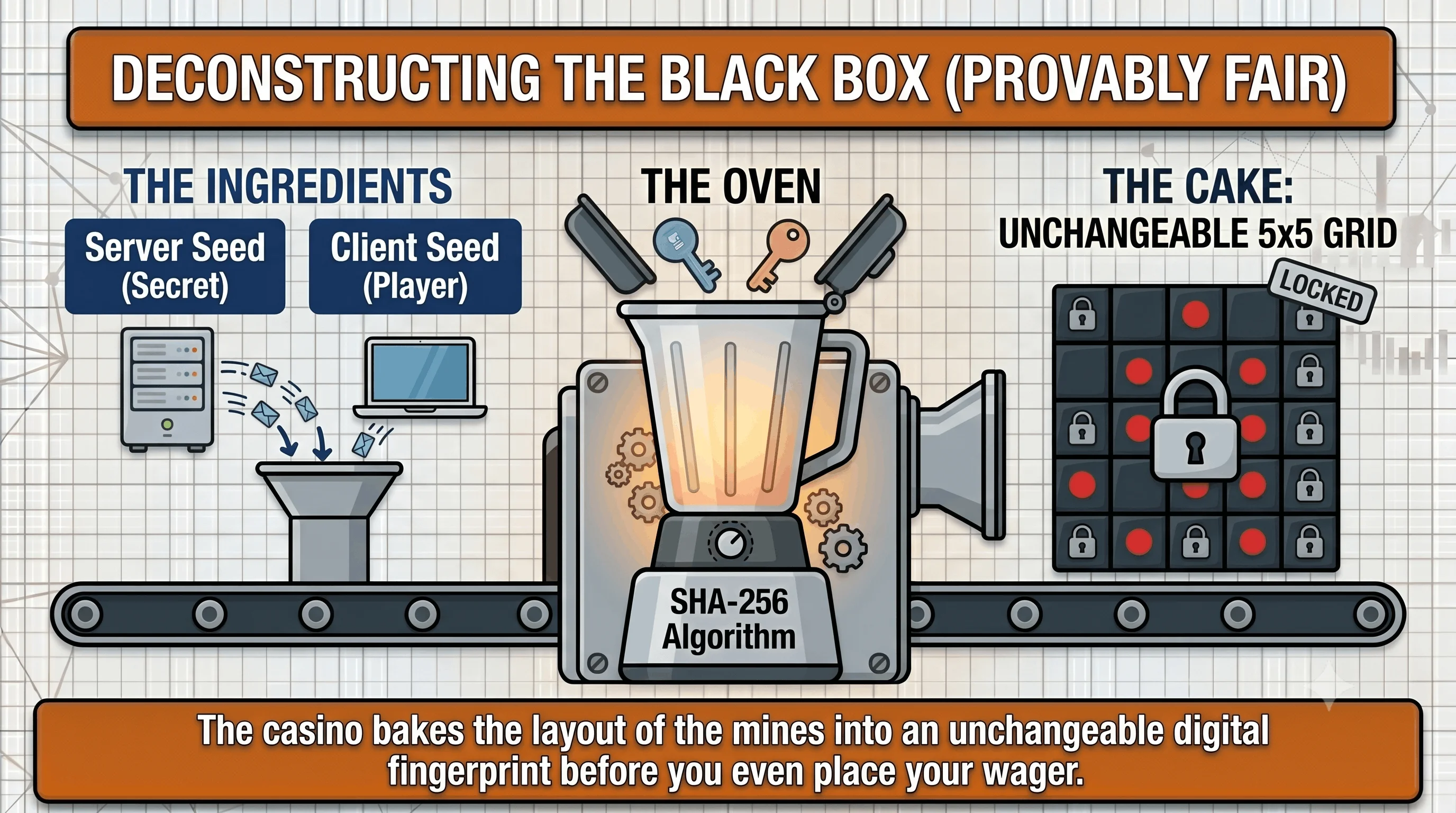 A conveyor-belt diagram showing how a provably fair result is produced. "The Ingredients" (a secret server seed and a player client seed) feed into "The Oven" (the SHA-256 algorithm), which outputs "The Cake": an unchangeable, locked 5x5 mine grid.