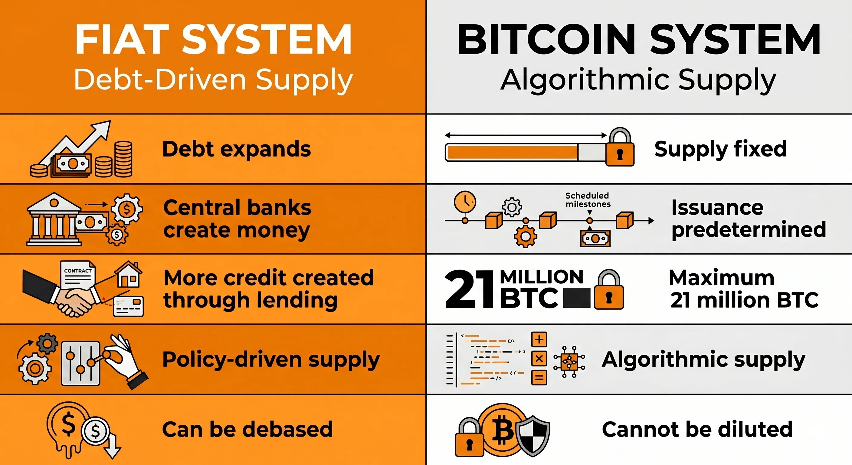 Side-by-side comparison of the fiat monetary system and Bitcoin. The fiat system expands through debt creation, central-bank money creation, and policy-driven supply changes, while Bitcoin operates with a fixed maximum supply of 21 million coins and a predetermined issuance schedule governed by code.