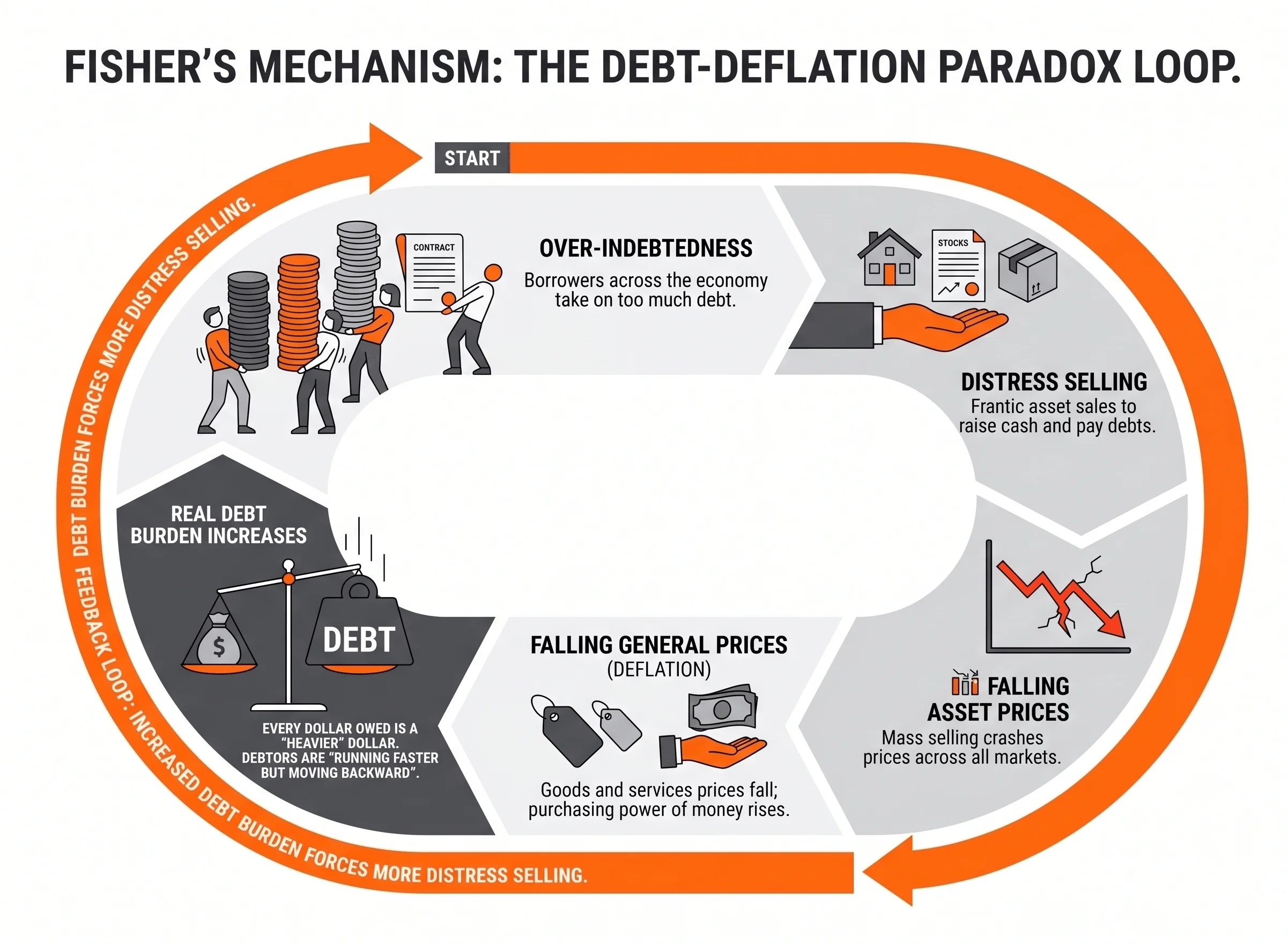 Infographic illustrating Irving Fisher’s debt-deflation theory. The cycle begins with over-indebtedness, followed by distress selling, falling asset prices, falling general prices (deflation), and an increase in the real debt burden, which then triggers further distress selling and reinforces the cycle.