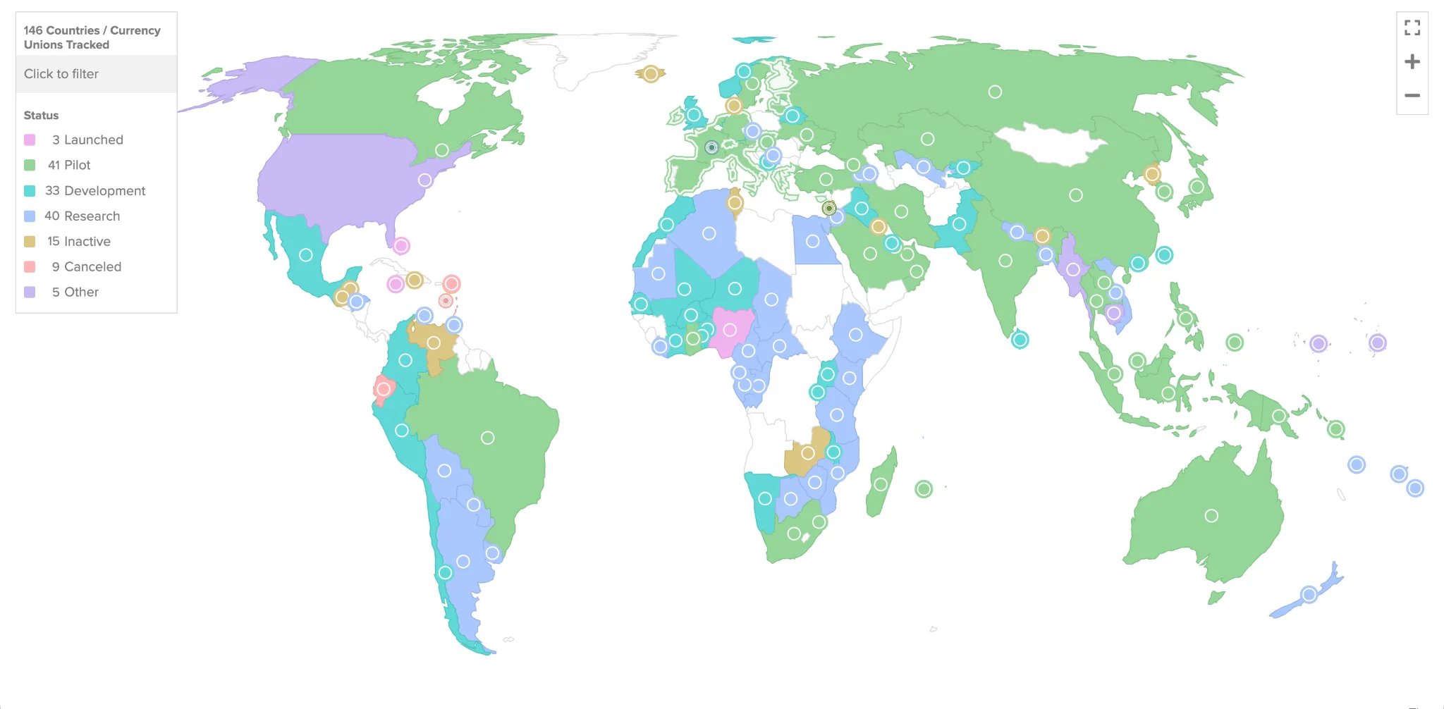 World map showing the global status of central bank digital currency projects, with countries grouped by stages such as launched, pilot, development, research, inactive, or cancelled.