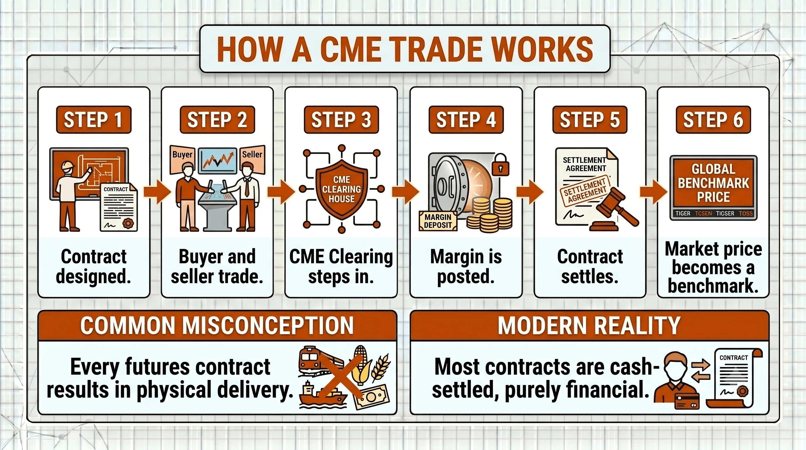 The lifecycle of a trade on the CME, from matching buyers and sellers to final clearing.