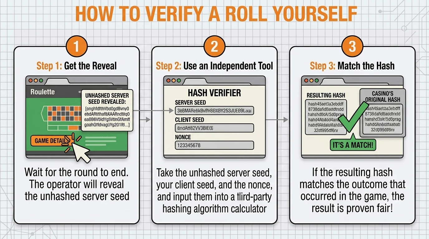 Step-by-step infographic of verifying a past roll: reveal the server seed, enter it with your client seed and nonce into a verifier, recompute the hash, and confirm it matches the hash shown before play.