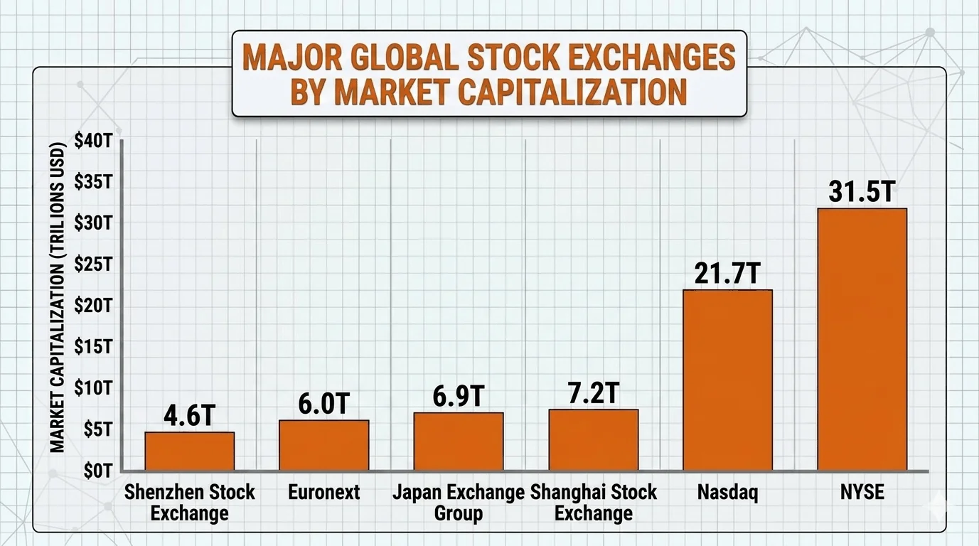 Bar chart ranking the world's largest stock exchanges by total market capitalization, with the NYSE and Nasdaq forming the two tallest bars.