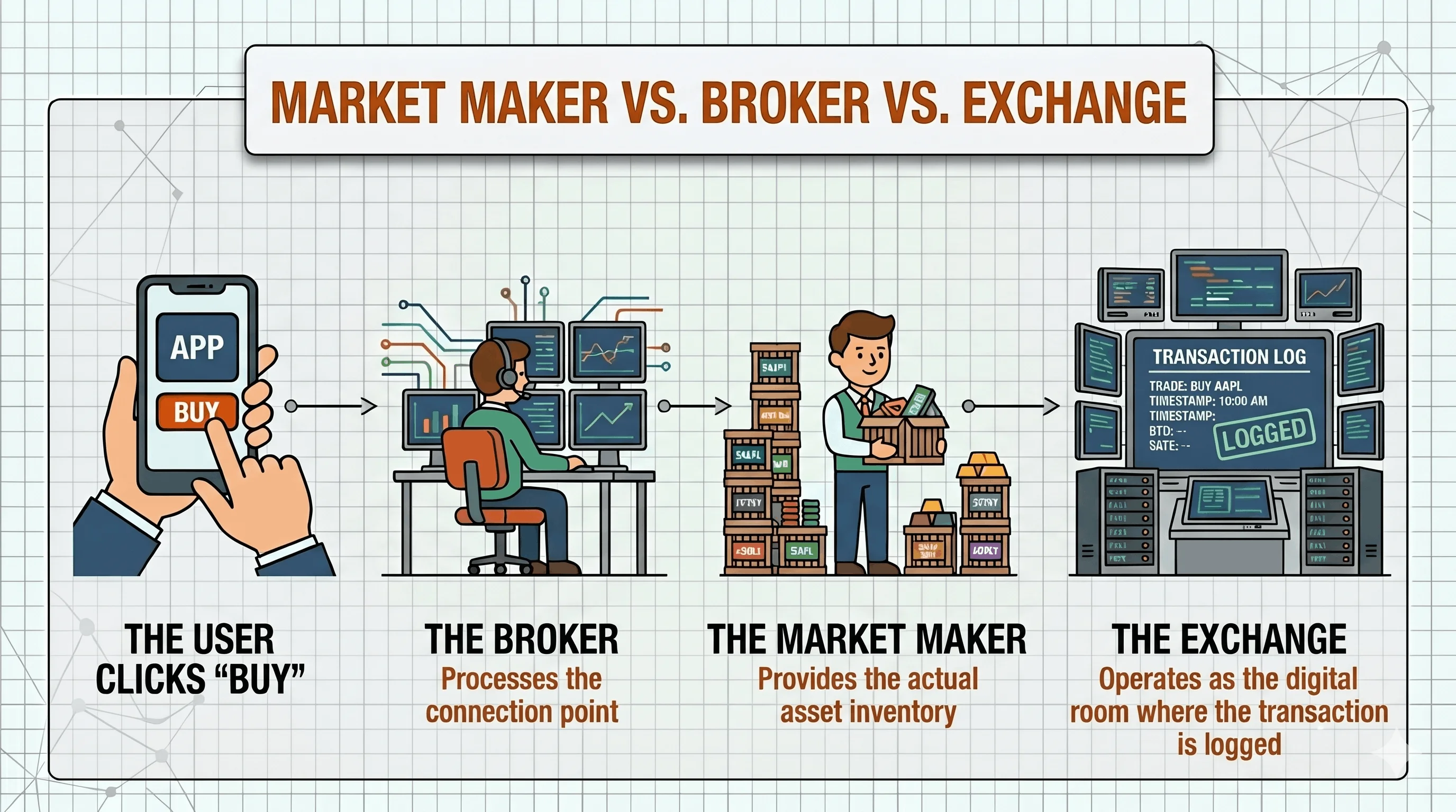 Four-panel flow infographic titled "Market Maker vs. Broker vs. Exchange" showing the path of a trade: the user taps "Buy" in an app, the broker processes the connection point, the market maker provides the actual asset inventory, and the exchange operates as the venue where the transaction is logged.
