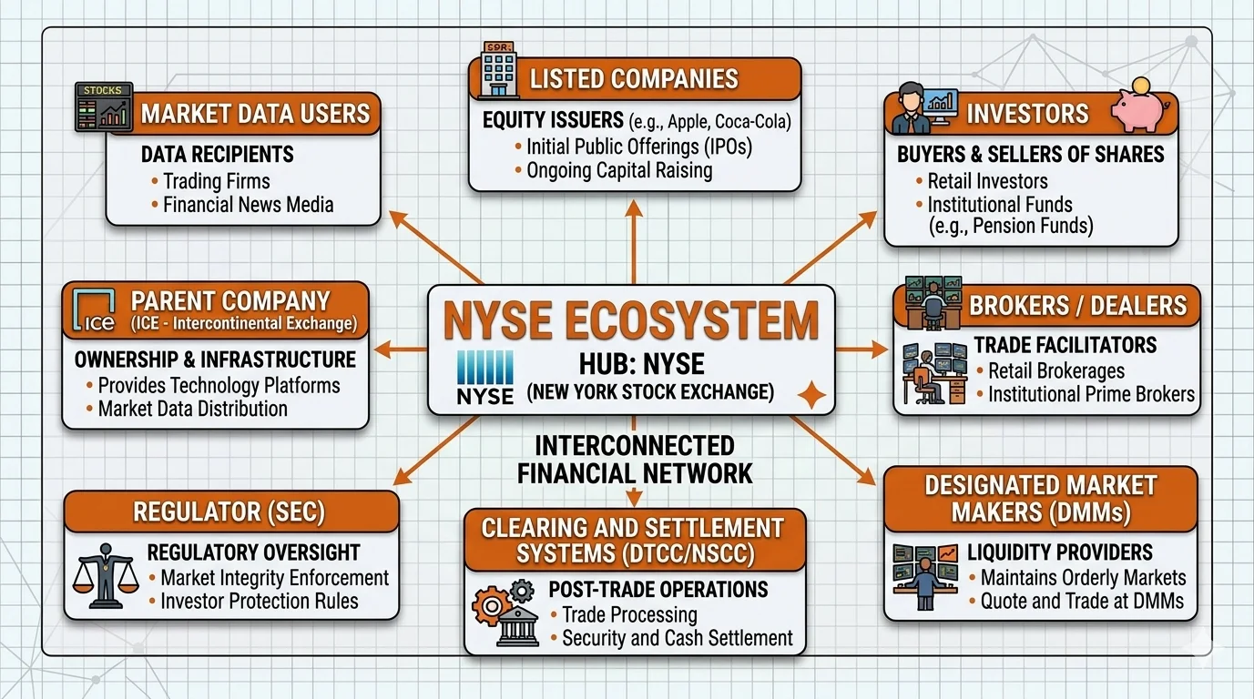 Infographic showing the NYSE at the center of its market ecosystem, surrounded by the participants that connect to it.