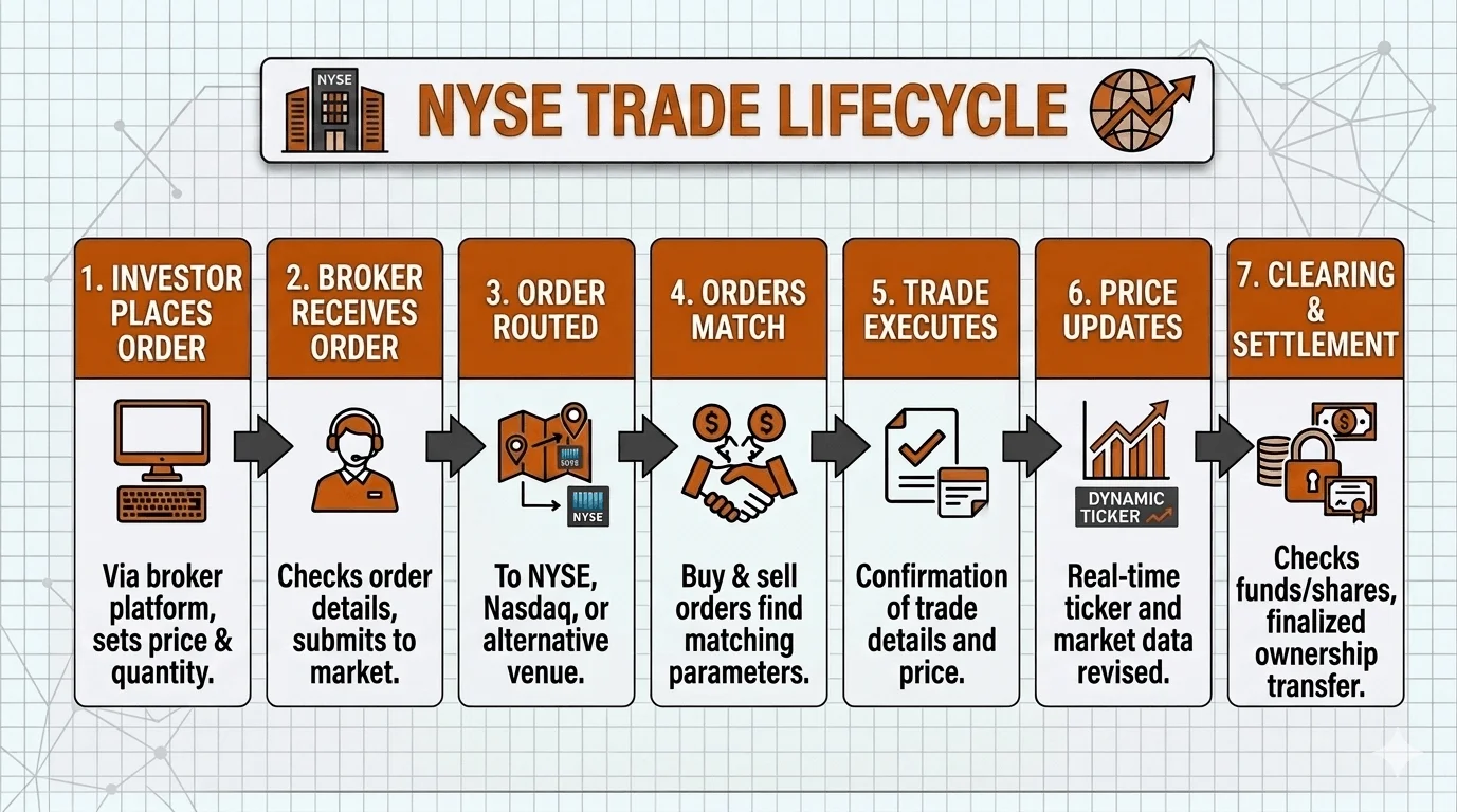 Infographic tracing a stock trade through seven stages flowing from the investor and broker through the exchange's matching systems to the clearinghouse