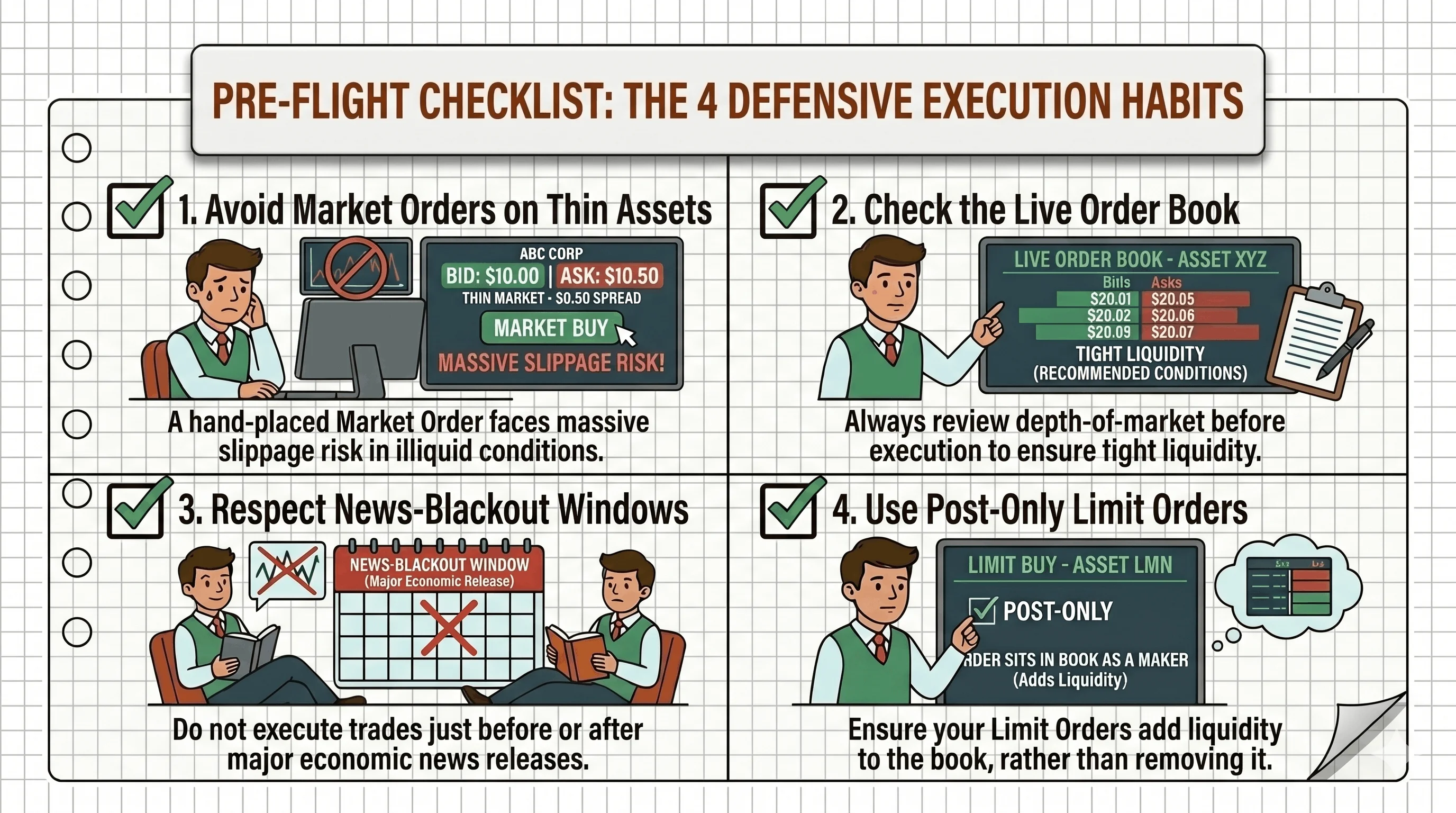 Four-quadrant infographic titled "Pre-Flight Checklist: The 4 Defensive Execution Habits" illustrating each habit for retail traders: avoid market orders on thin assets (massive slippage risk), check the live order book for depth before executing, respect news-blackout windows around major economic releases, and use post-only limit orders so your order adds liquidity as a maker.