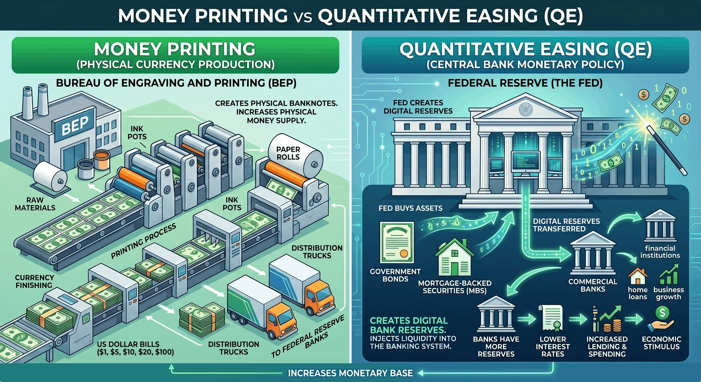 QE creates digital reserves at the Federal Reserve; money printing produces physical currency.
