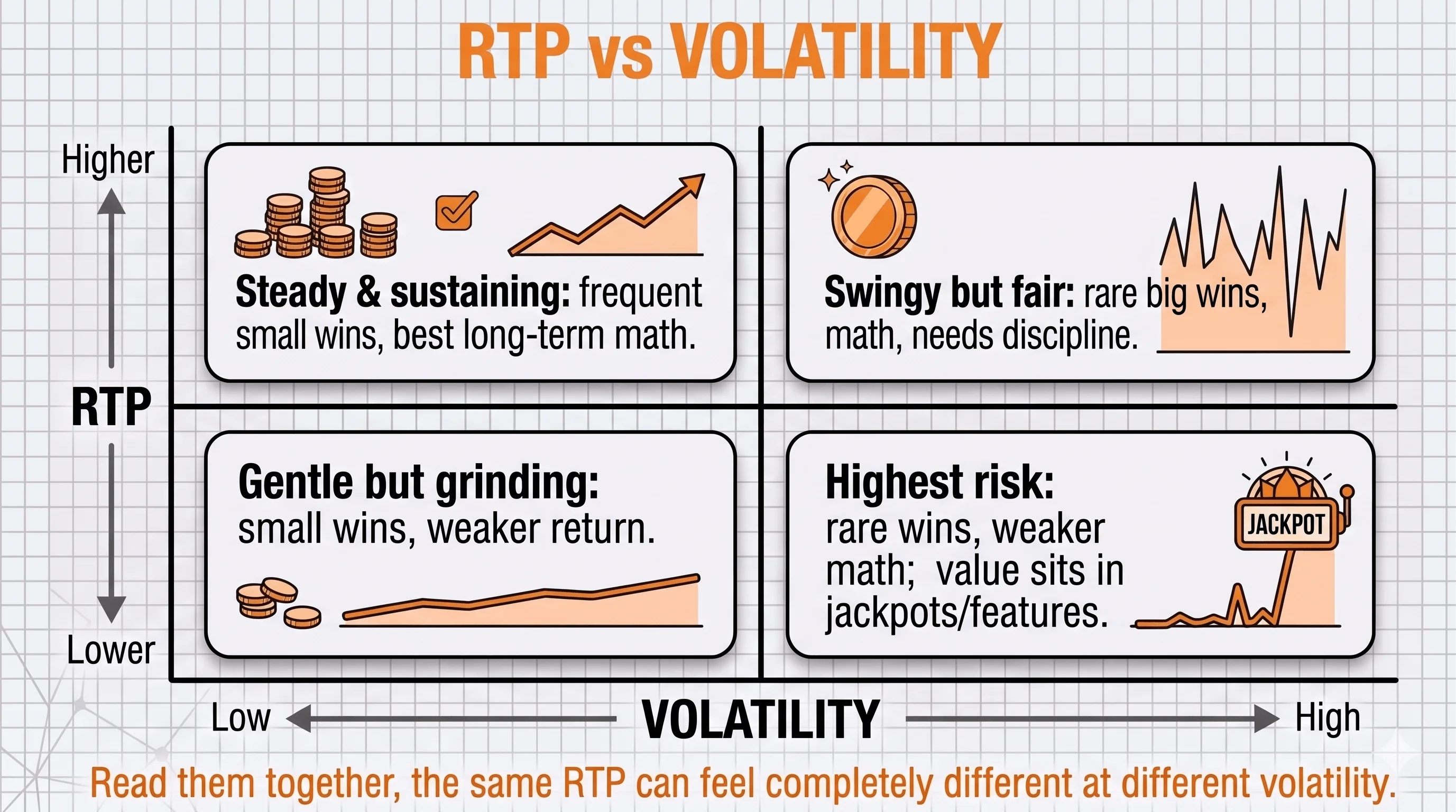 Two-by-two matrix pairing high or low RTP with low or high volatility, showing how the two metrics combine to shape a slot session.