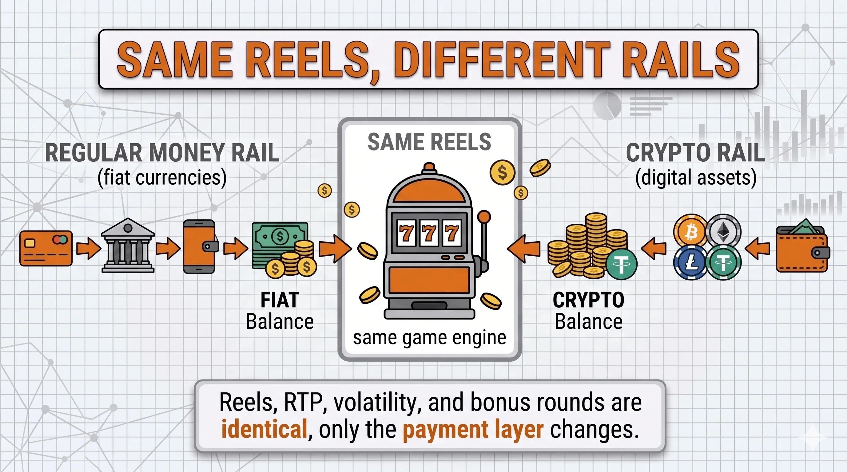 Diagram showing identical slot reels fed by two payment rails (card/bank for regular slots and crypto wallet/coins for crypto slots) illustrating that only the payment layer differs.