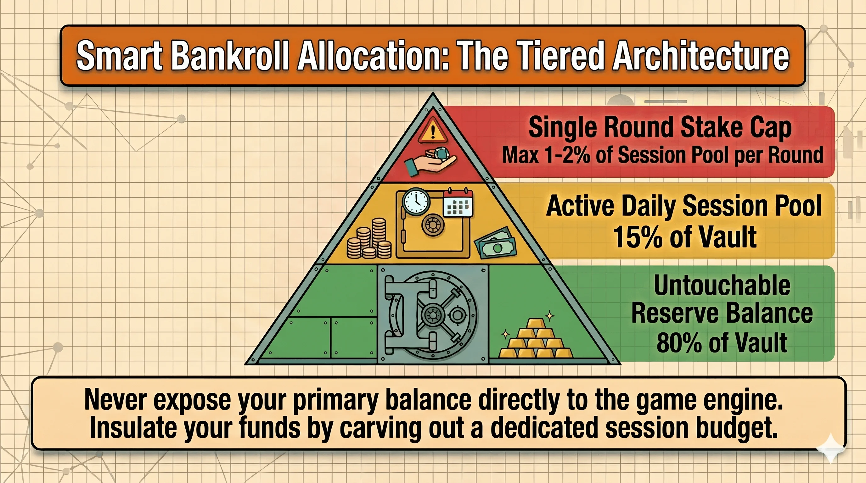 Pyramid diagram titled "Smart Bankroll Allocation: The Tiered Architecture" showing three tiers — an 80% untouchable reserve balance at the base, a 15% active daily session pool in the middle, and a single-round stake cap of 1–2% of the session pool at the top — with the reminder to never expose your primary balance directly to the game.