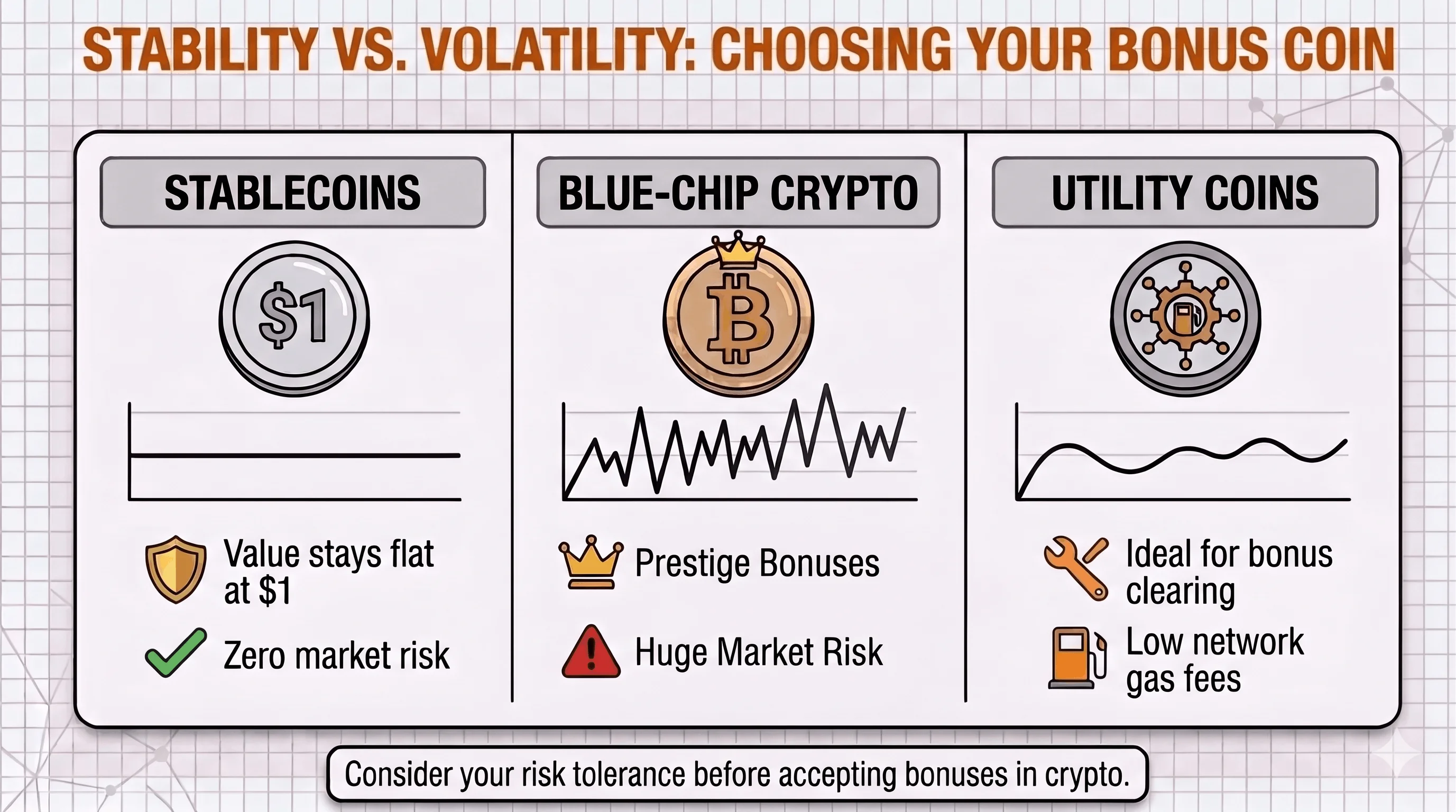 Three-column infographic comparing bonus coins: stablecoins (value flat at $1, zero market risk), blue-chip crypto like Bitcoin (prestige but high market risk), and utility coins (ideal for bonus clearing with low network fees).