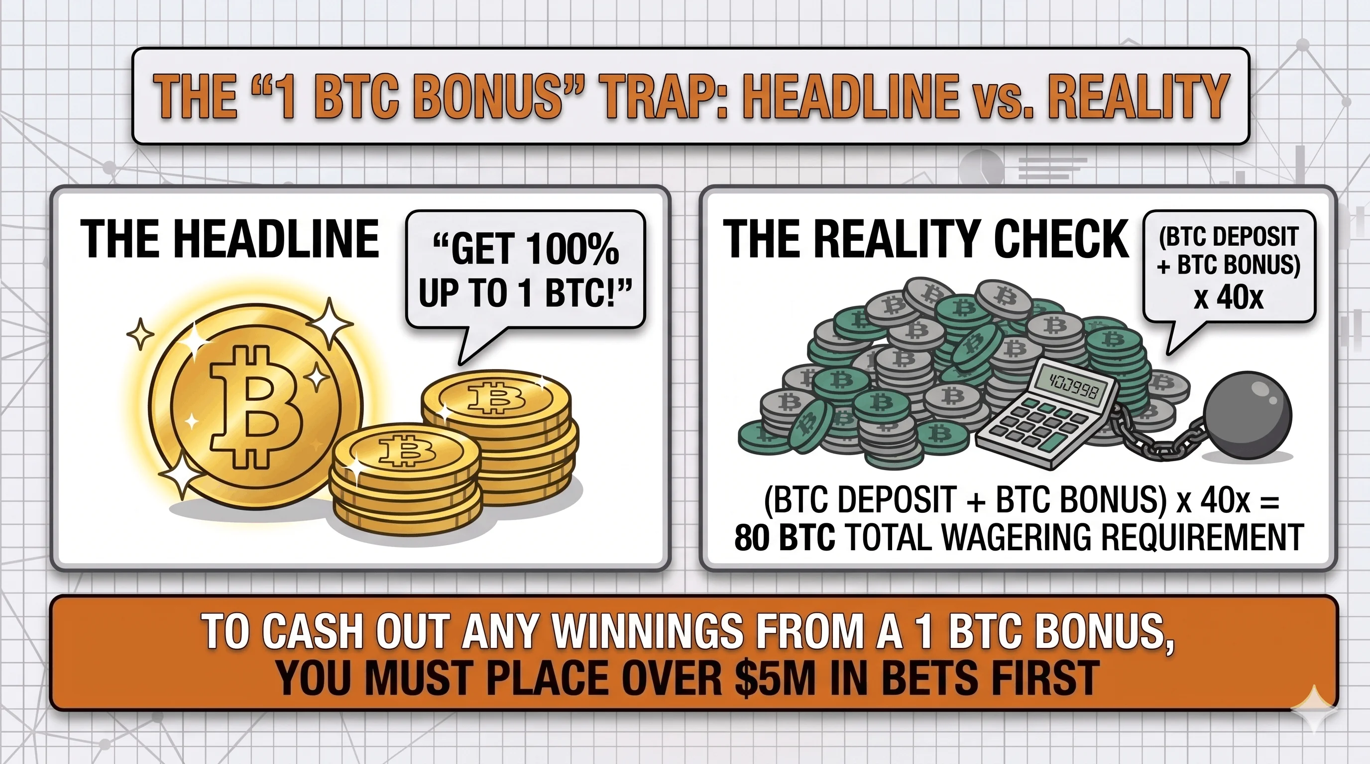 Infographic contrasting a '100% up to 1 BTC' headline with the reality that a 40x deposit-plus-bonus rollover requires 80 BTC in total wagering.