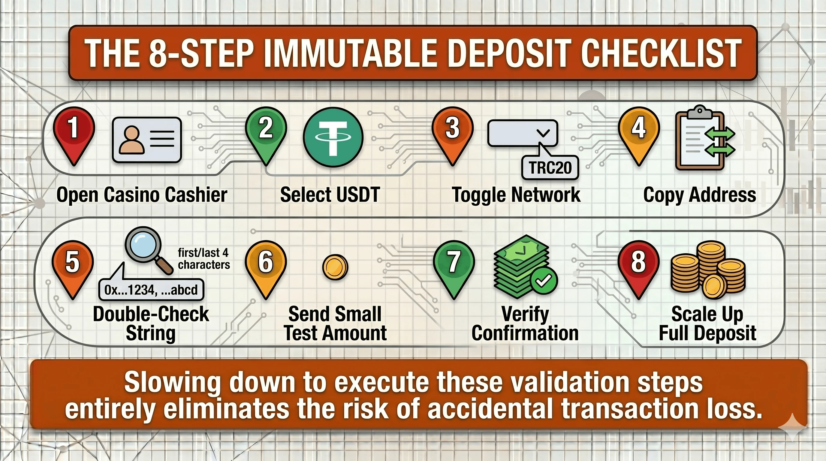 Eight-step infographic titled "The 8-Step Immutable Deposit Checklist" for USDT deposits: open the casino cashier, select USDT, toggle the correct network (e.g. TRC20), copy the deposit address, double-check the address string (first and last characters), send a small test amount, verify the confirmation, then scale up to the full deposit.