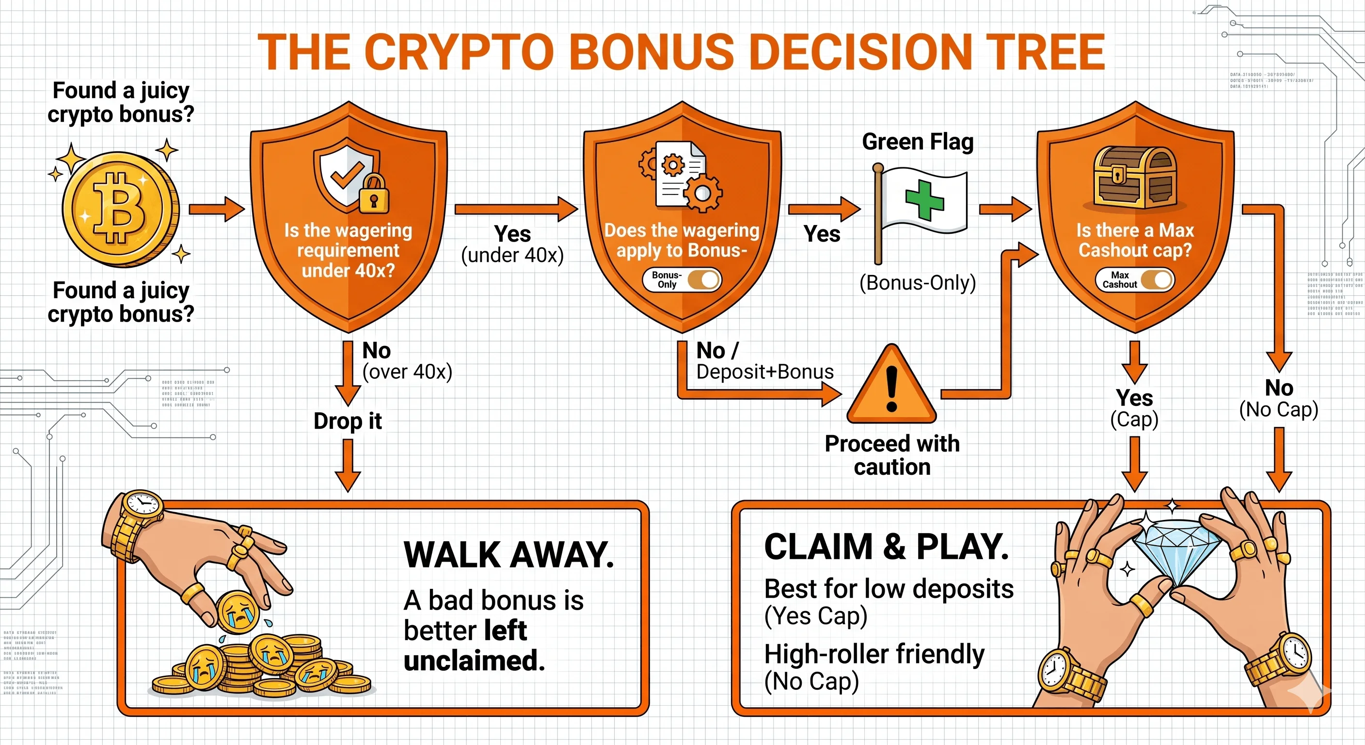 Decision-tree infographic for evaluating a crypto bonus: if wagering is over 40x, walk away; if under 40x, check whether it applies to bonus-only and whether a max-cashout cap exists, then claim and play.