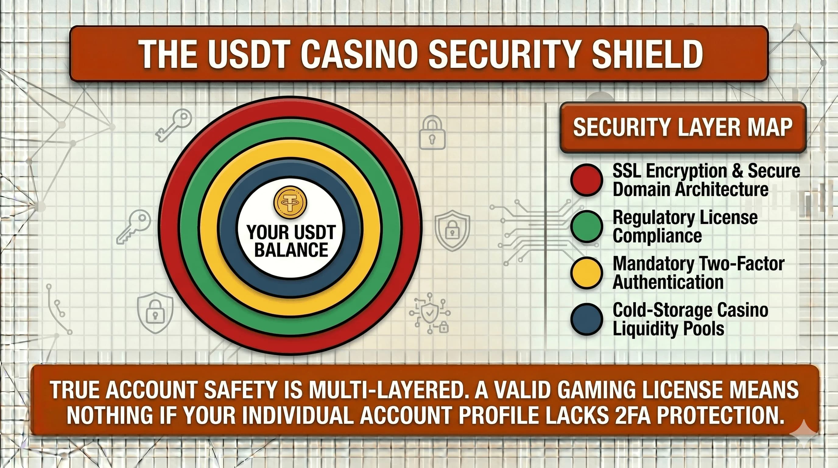 The USDT Casino Security Shield" showing four protective layers around a player's USDT balance (SSL encryption and secure domain architecture, regulatory license compliance, mandatory two-factor authentication, and cold-storage casino liquidity pools) with the point that a valid gaming license means little if the individual account lacks 2FA protection.