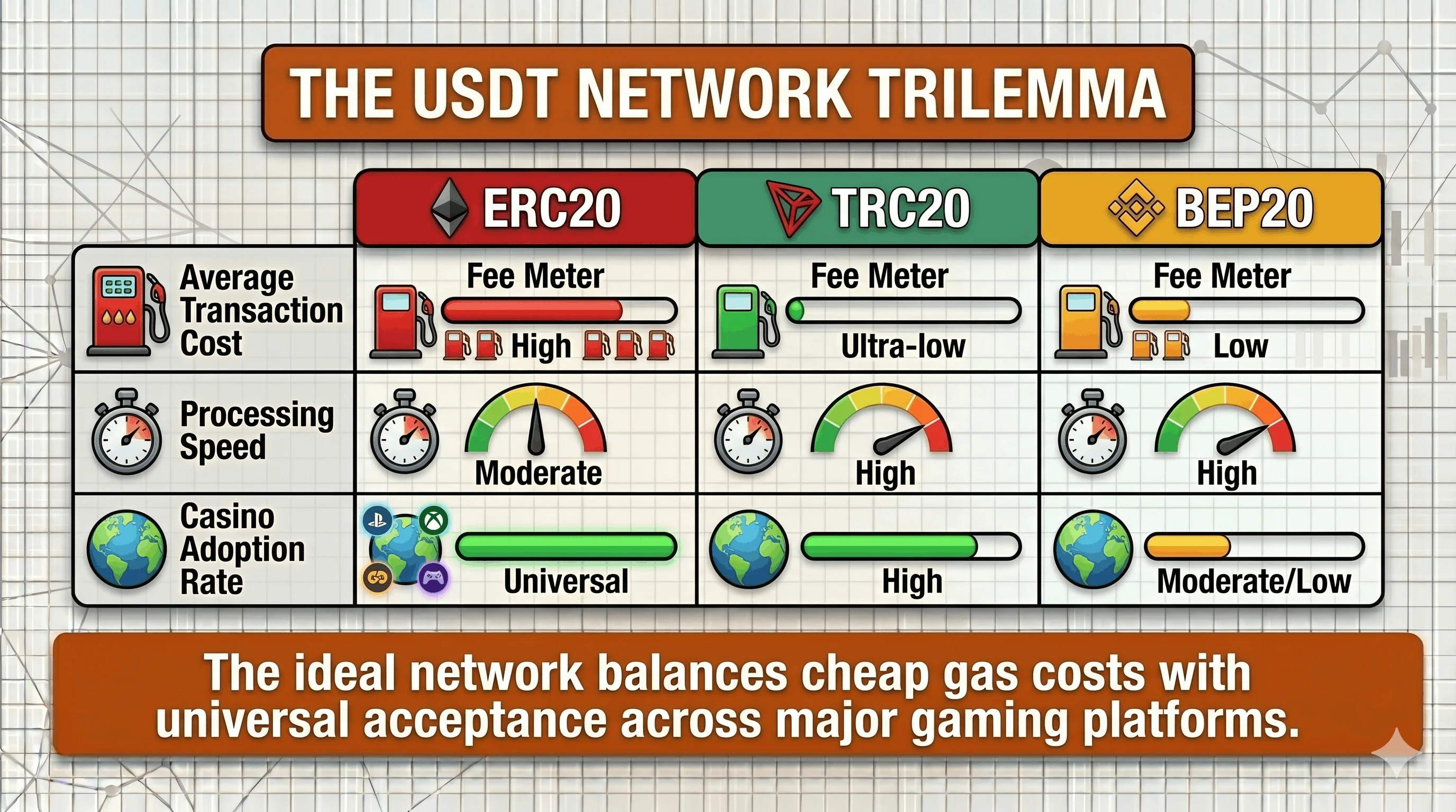 Comparison table titled "The USDT Network Trilemma" rating three Tether networks across average transaction cost, processing speed, and casino adoption: ERC20 has high fees but universal acceptance, TRC20 has ultra-low fees and high adoption, and BEP20 has low fees but moderate-to-low adoption.