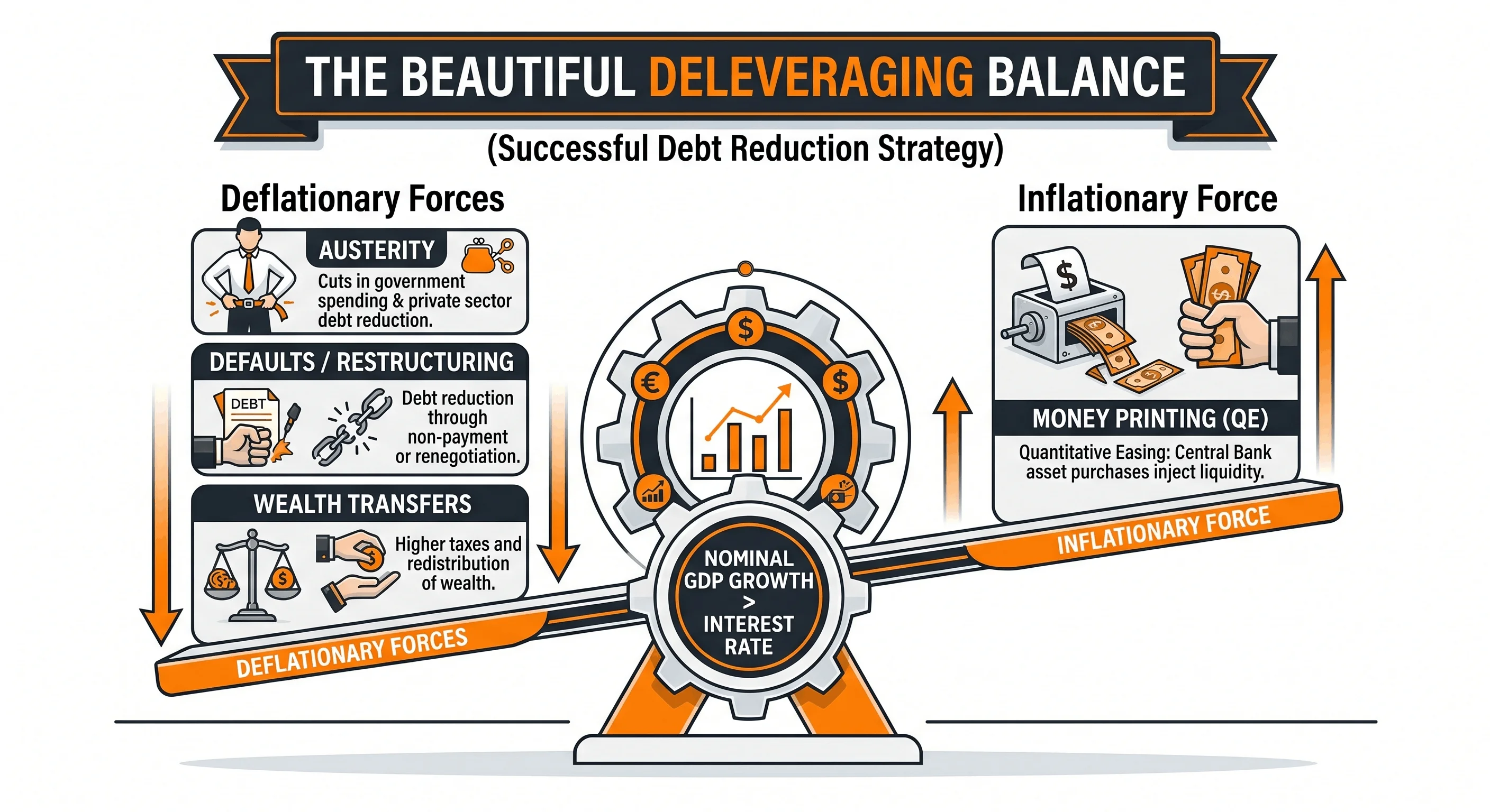 Infographic illustrating Ray Dalio’s concept of a “beautiful deleveraging.” Deflationary forces (including austerity, debt defaults, and wealth transfers) are balanced against the inflationary force of money printing. At the center, nominal GDP growth exceeds interest rates, allowing debt burdens to decline gradually without triggering either a depression or runaway inflation.