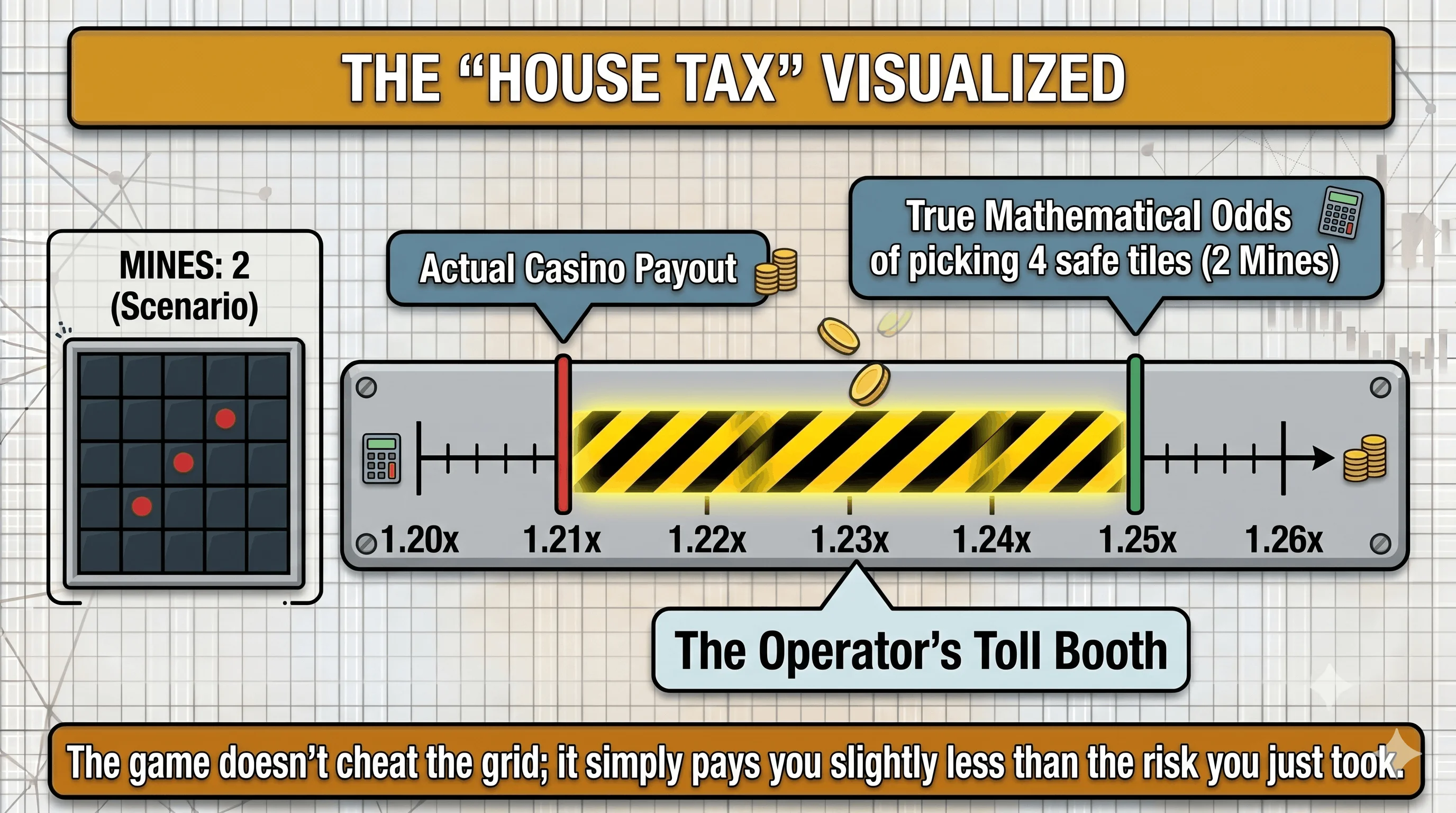 The 'House Tax' Visualized: for a 2-mine scenario, a multiplier number line shows the true mathematical odds of picking four safe tiles sitting at 1.25x while the actual casino payout sits lower at 1.21x, with the gap between them marked as a hazard-striped zone labeled "The Operator's Toll Booth." 
