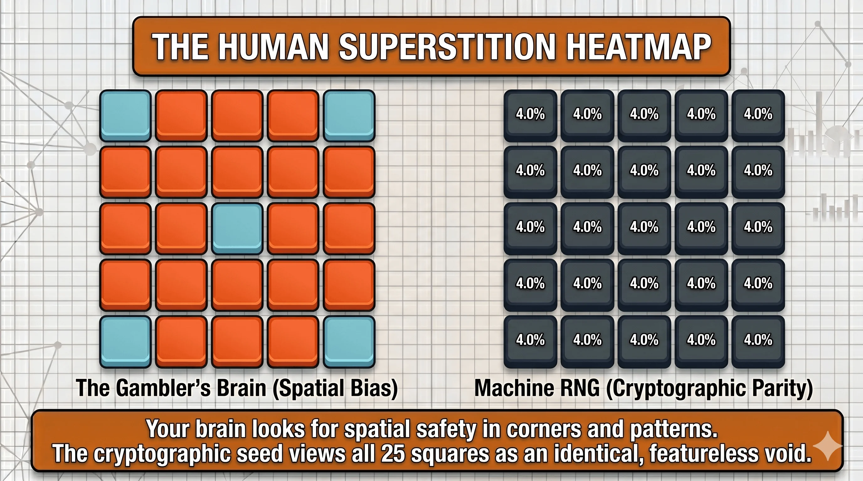 Two 5x5 grids side by side. On the left, "The Gambler's Brain (Spatial Bias)" highlights corners and a center tile as feeling safer. On the right, "Machine RNG (Cryptographic Parity)" labels every one of the 25 squares with an identical 4.0% probability. 