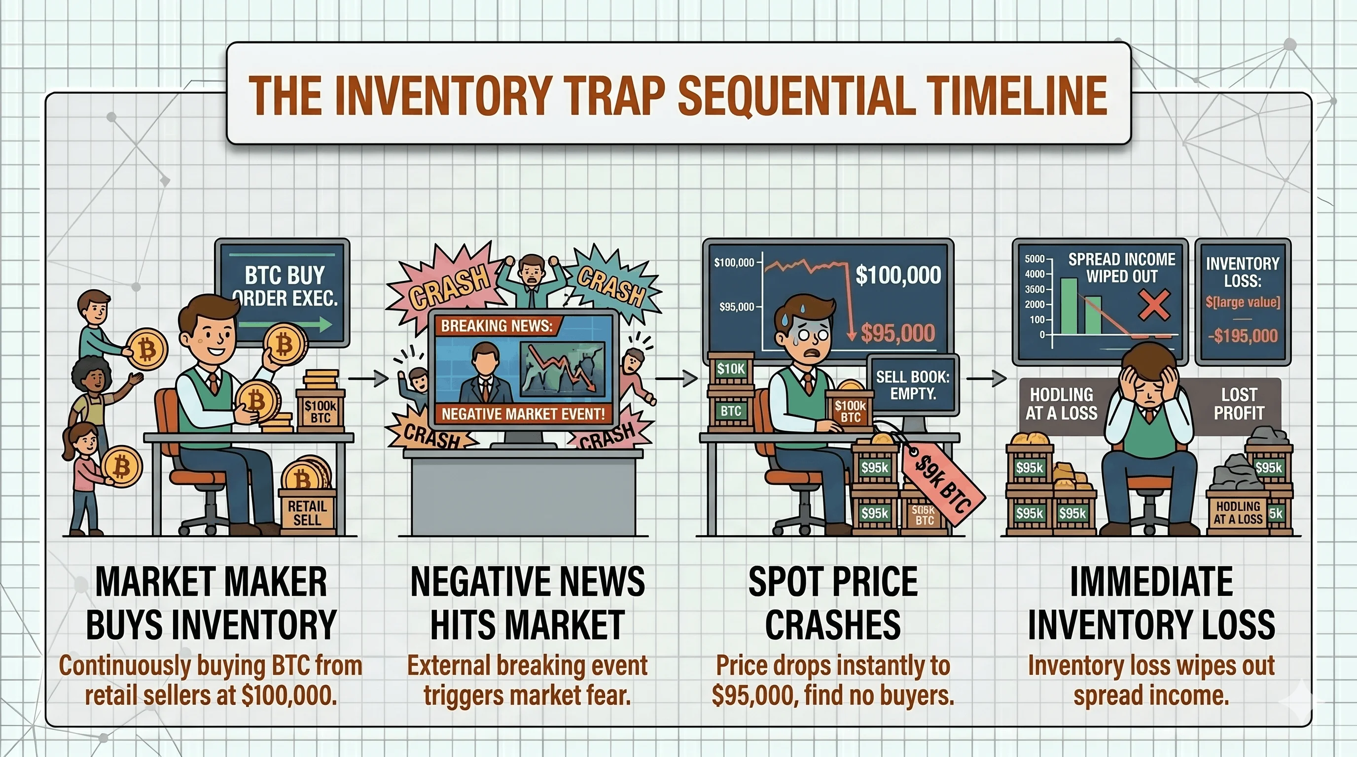 Four-step infographic titled "The Inventory Trap Sequential Timeline" showing a market maker buying BTC from retail sellers at $100,000, negative breaking news triggering market fear, the spot price crashing instantly to $95,000 with no buyers in the order book, and the resulting inventory loss wiping out the market maker's accumulated spread income.