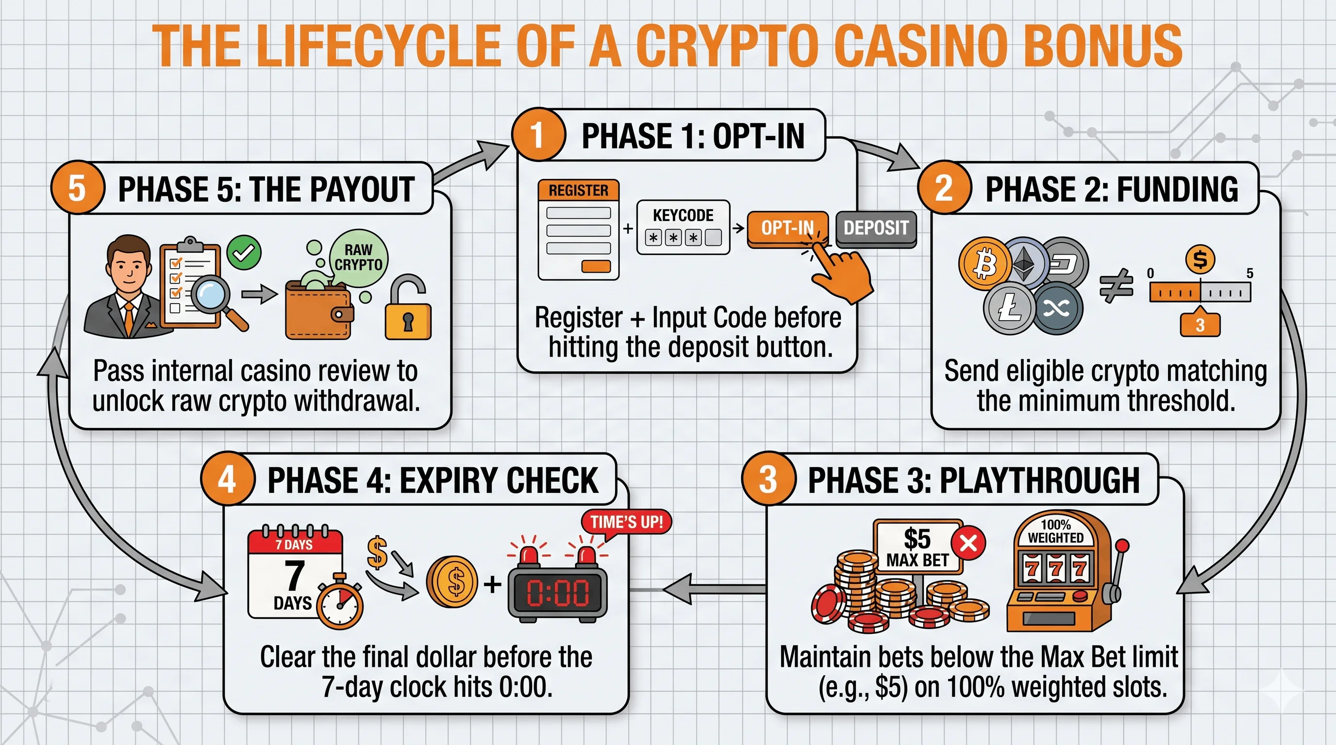 Five-phase infographic of a crypto casino bonus: opt-in (register and enter the code before depositing), funding (deposit eligible crypto above the minimum), playthrough (wager below the max bet on weighted games), expiry check (clear it before the deadline), and payout (pass review to withdraw).