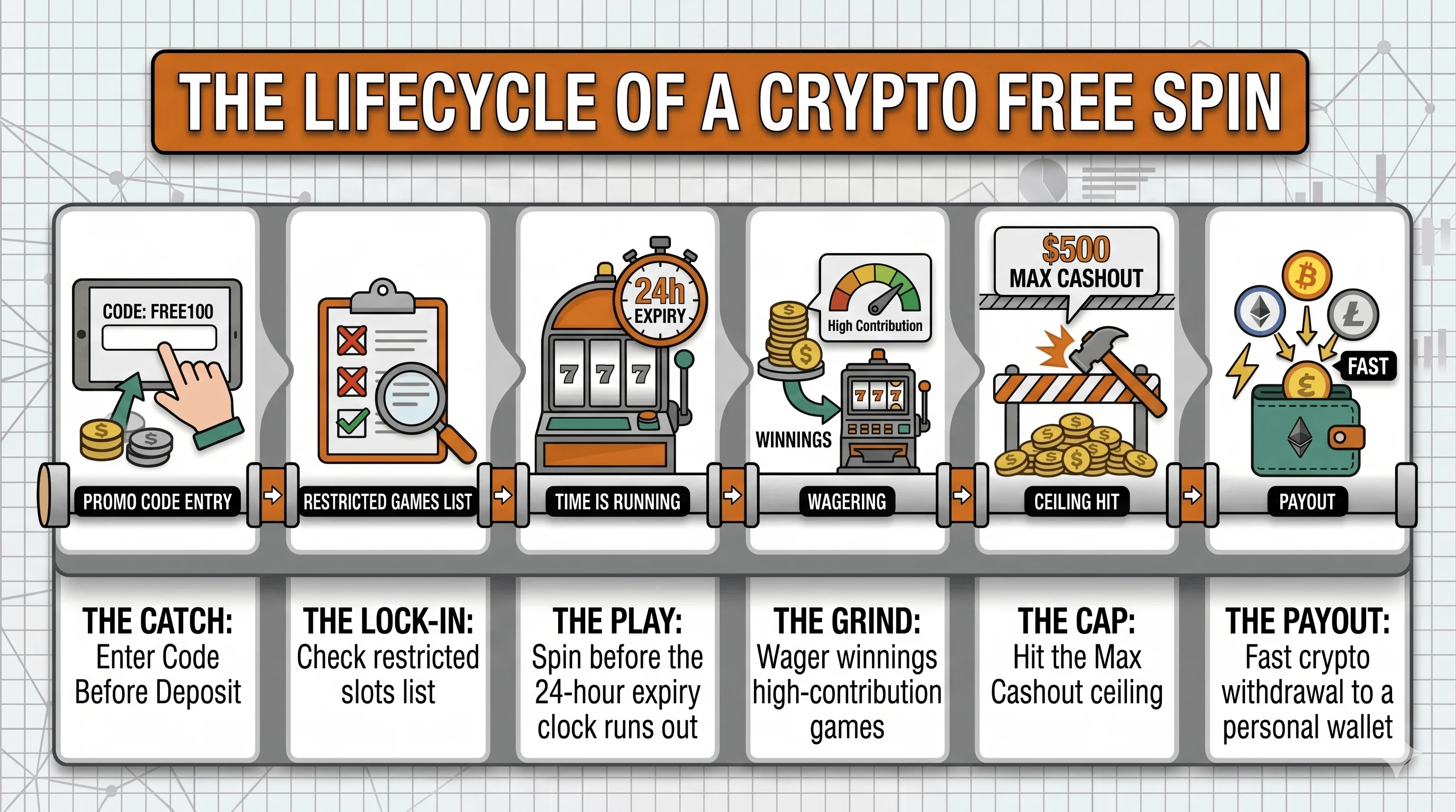 Six-stage infographic tracing a crypto free spin from promo-code entry and restricted-games check, through the expiry clock, wagering, and a max-cashout cap, to the final crypto withdrawal.
