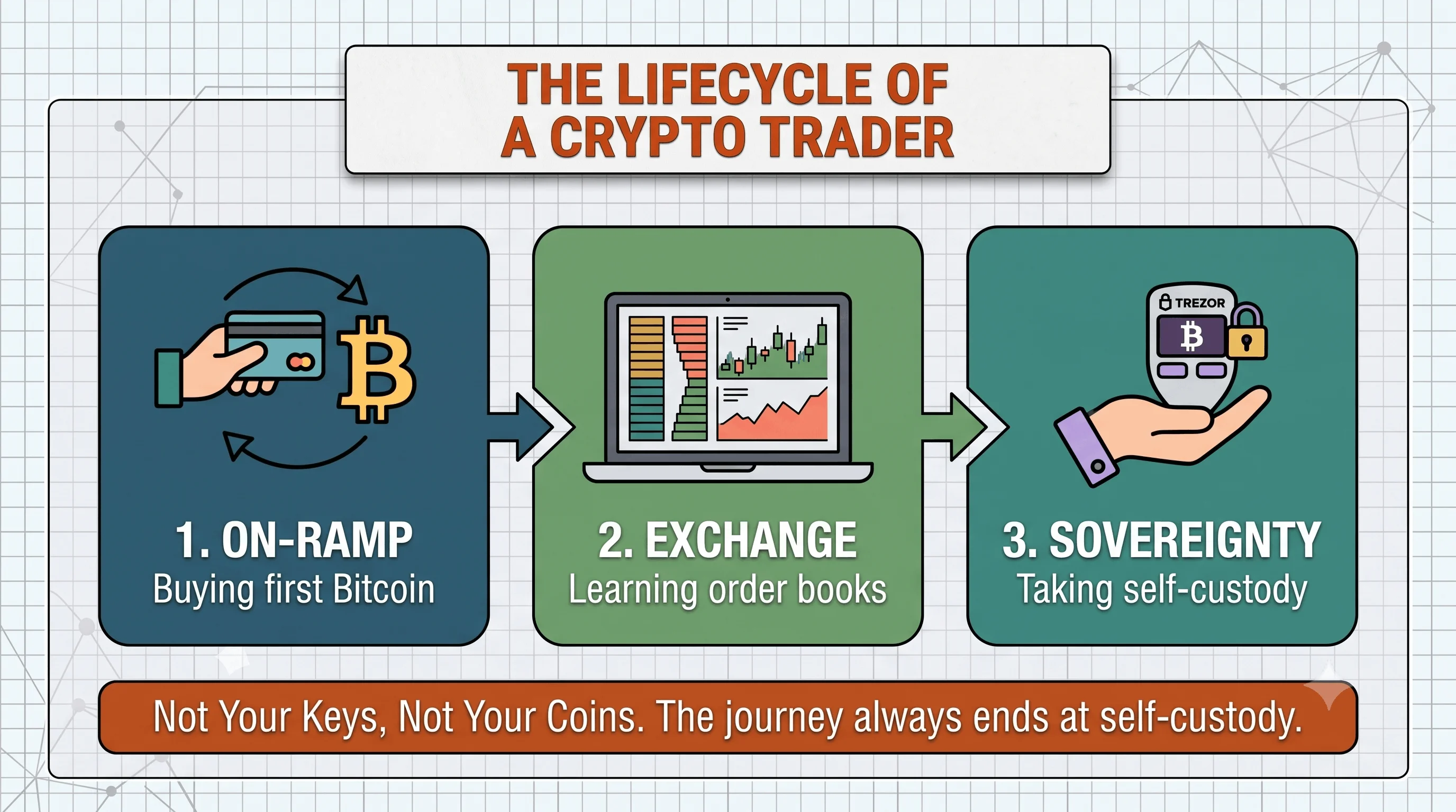 Three-stage infographic titled "The Lifecycle of a Crypto Trader": (1) On-Ramp — buying first Bitcoin, (2) Exchange — learning order books, (3) Sovereignty — taking self-custody, with the tagline "Not Your Keys, Not Your Coins. The journey always ends at self-custody."