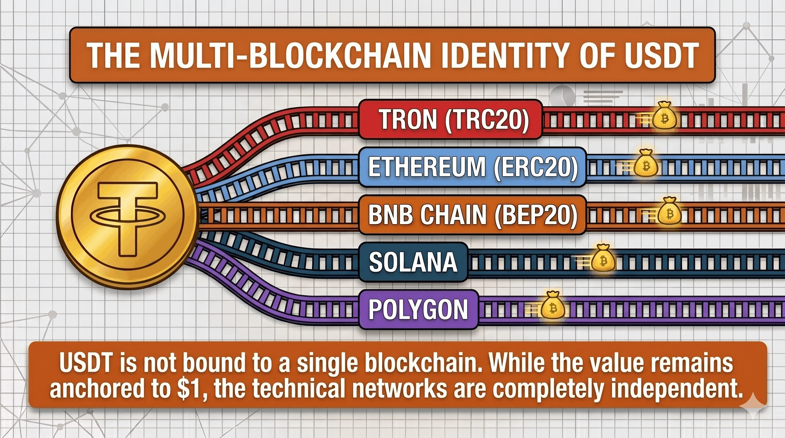 Infographic titled "The Multi-Blockchain Identity of USDT" showing the Tether coin connected by separate rail tracks to five blockchains (TRON, Ethereum, BNB Chain, Solana, and Polygon) illustrating that USDT keeps its $1 value across networks that are technically independent of one another.