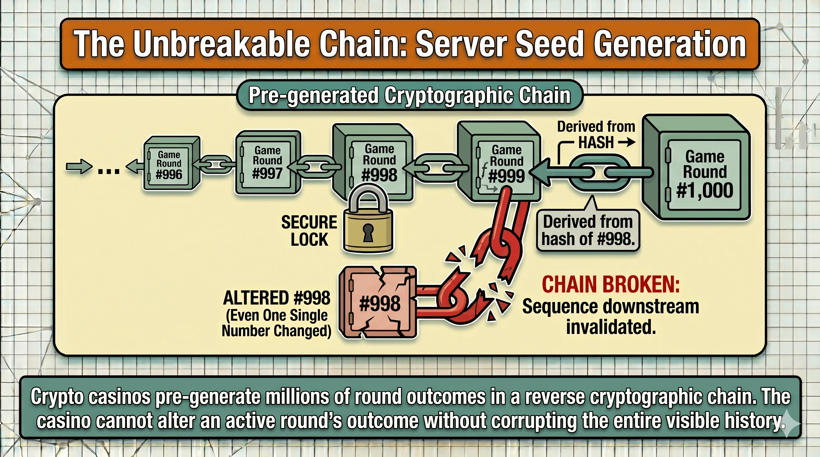 Diagram titled "The Unbreakable Chain: Server Seed Generation" showing game rounds linked as a reverse cryptographic chain, where each round's seed is derived from the hash of the next, and altering a single past round (#998) breaks the chain and invalidates every downstream result.