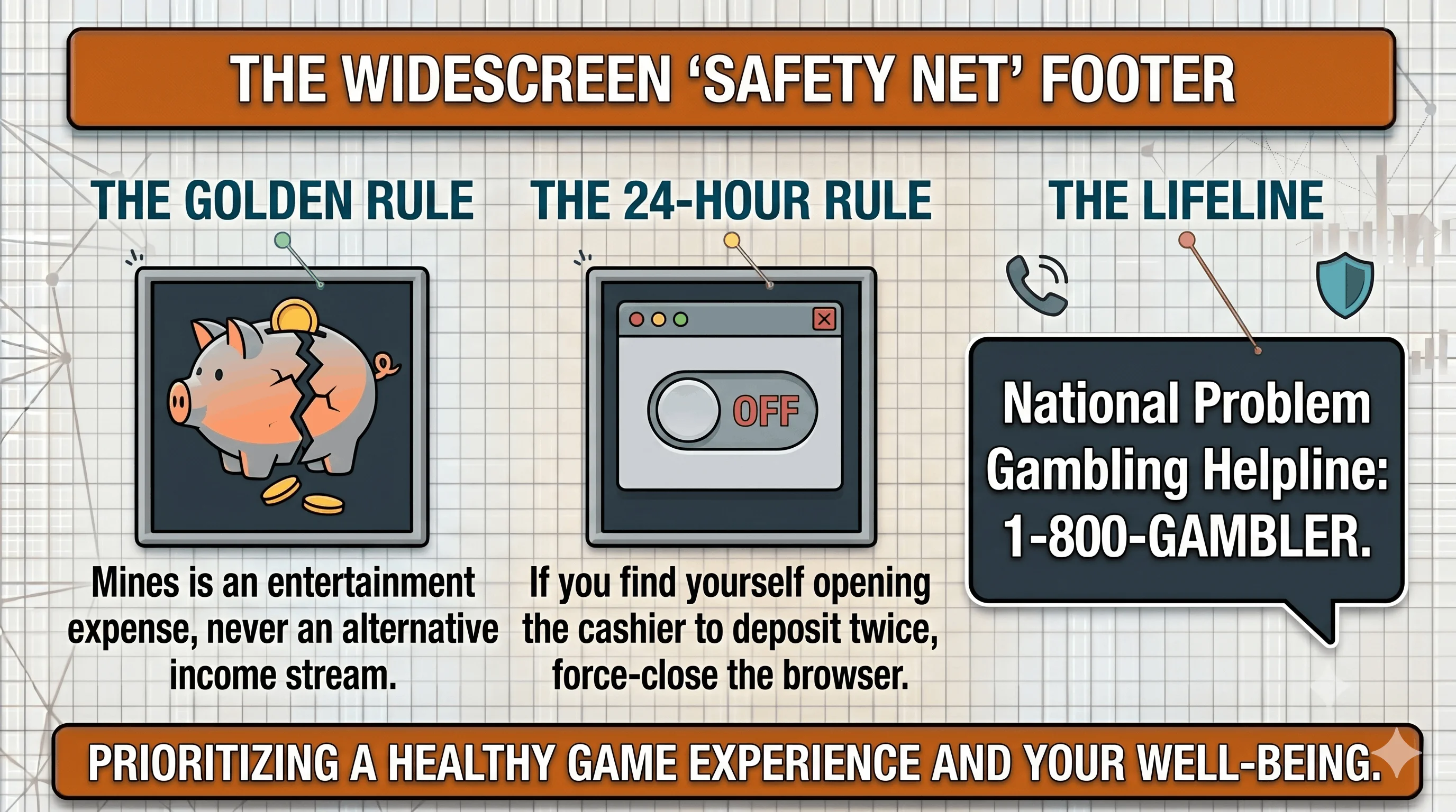 Three responsible-gambling reminders. The Golden Rule (a cracked piggy bank): Mines is an entertainment expense, never an alternative income stream. The 24-Hour Rule (an OFF toggle): if you find yourself opening the cashier to deposit twice, force-close the browser. The Lifeline (a phone icon): National Problem Gambling Helpline, 1-800-GAMBLER. 