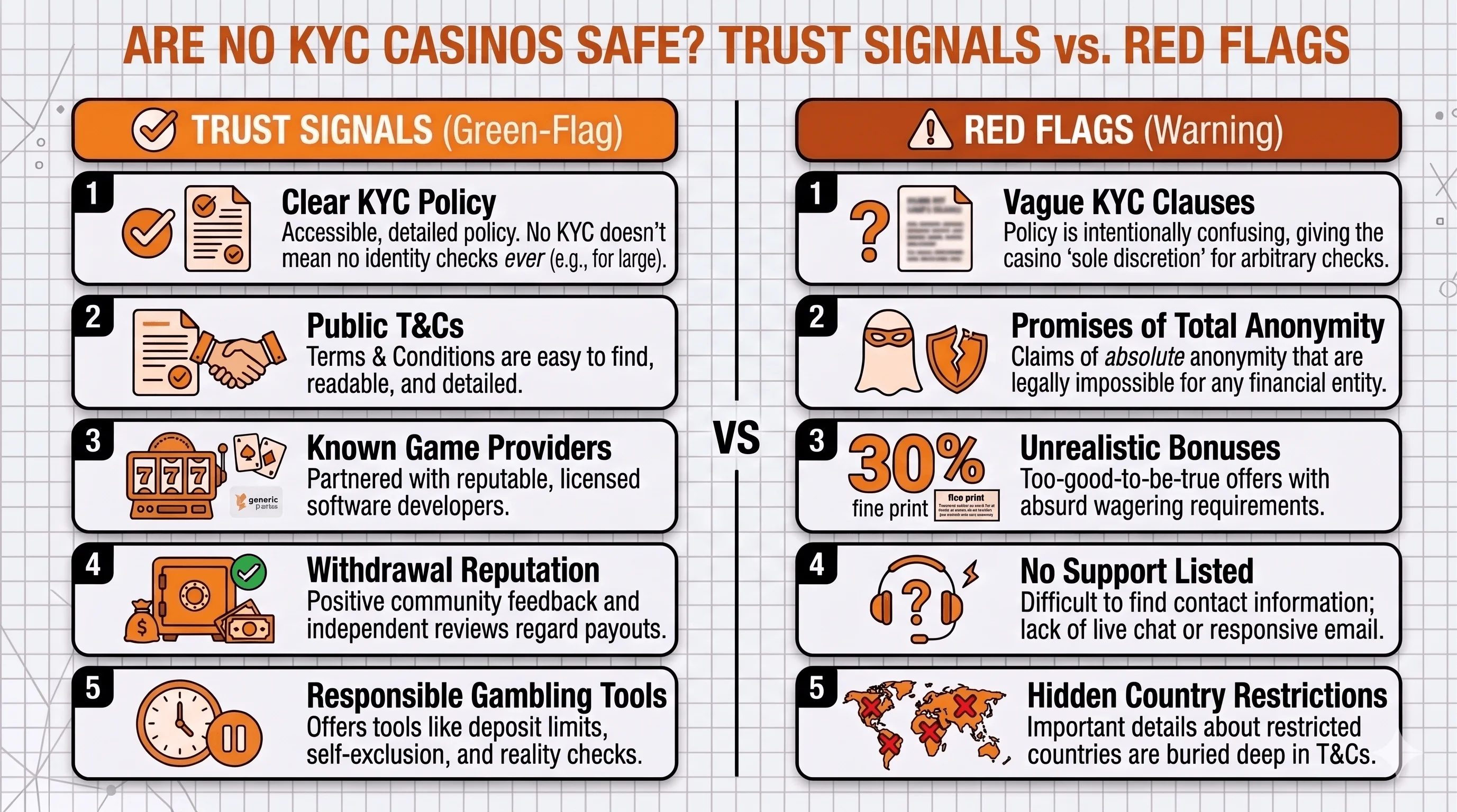 Two-column graphic contrasting no-KYC casino trust signals (clear KYC policy, public terms, known providers) against red flags (vague clauses, anonymity hype, no support).