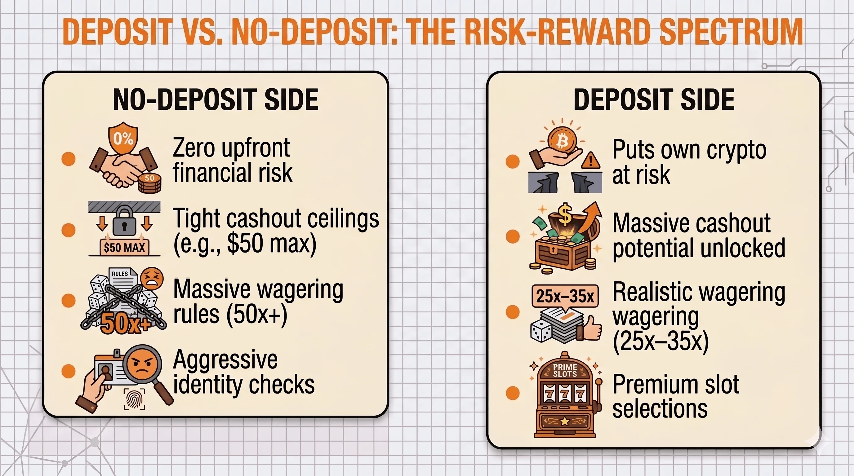 Two-column infographic contrasting no-deposit free spins (no upfront risk but tight cashout caps, 50x+ wagering, aggressive ID checks) with deposit free spins (own crypto at risk but higher cashout potential, 25–35x wagering, premium slots).