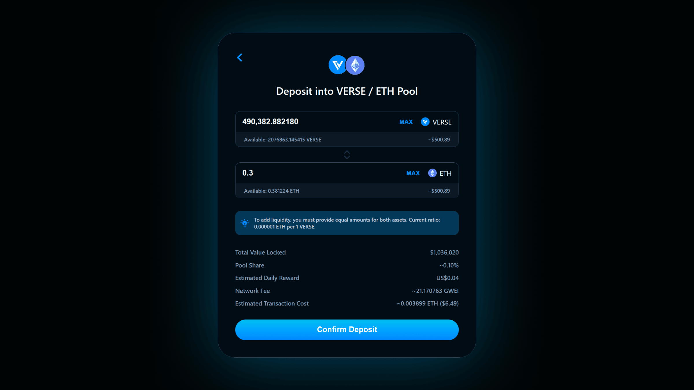 Verse DEX provide liquidity