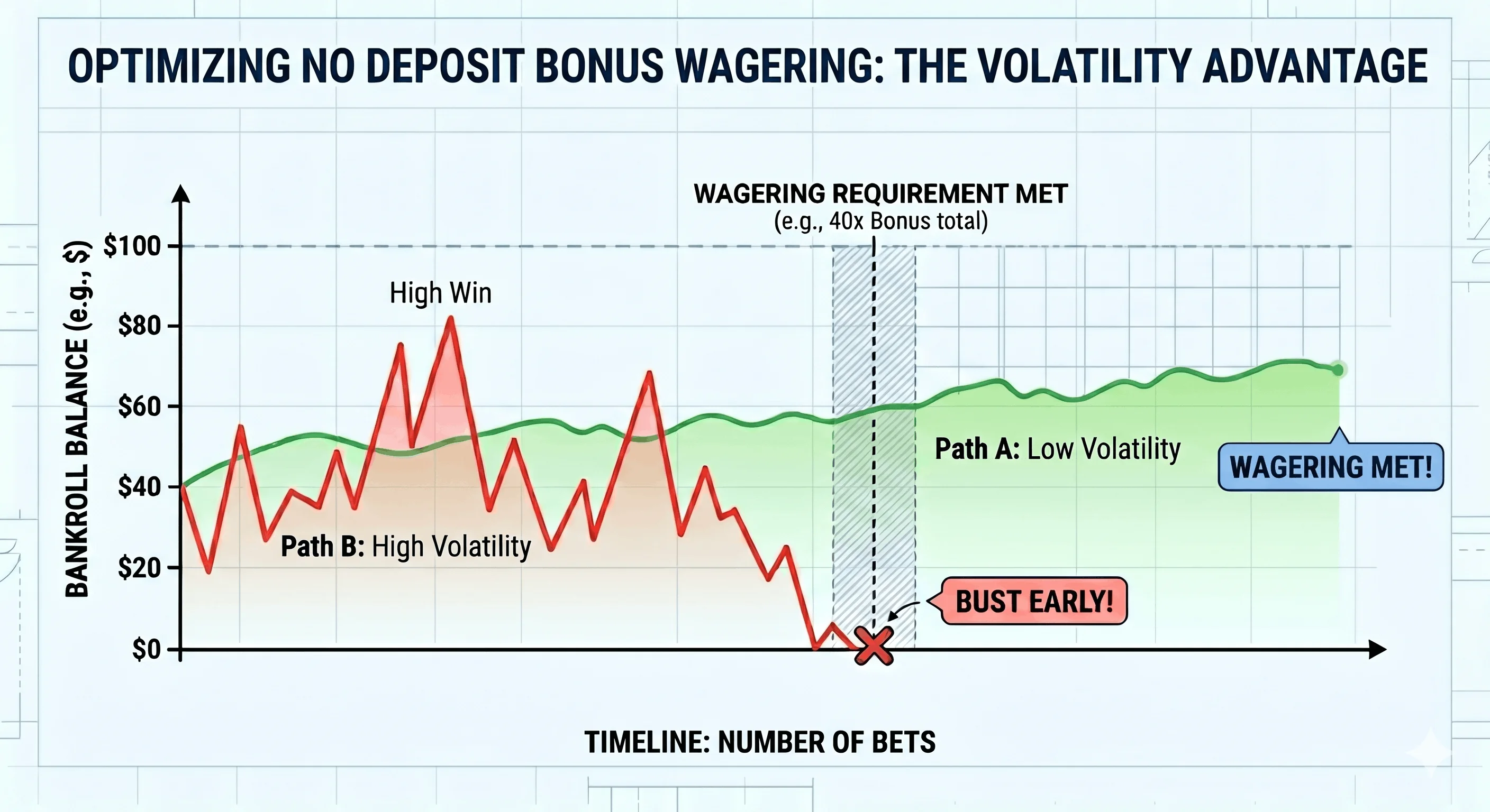 Chart showing a low-volatility bonus balance lasting long enough to clear the wagering while a high-volatility balance swings and hits zero early.