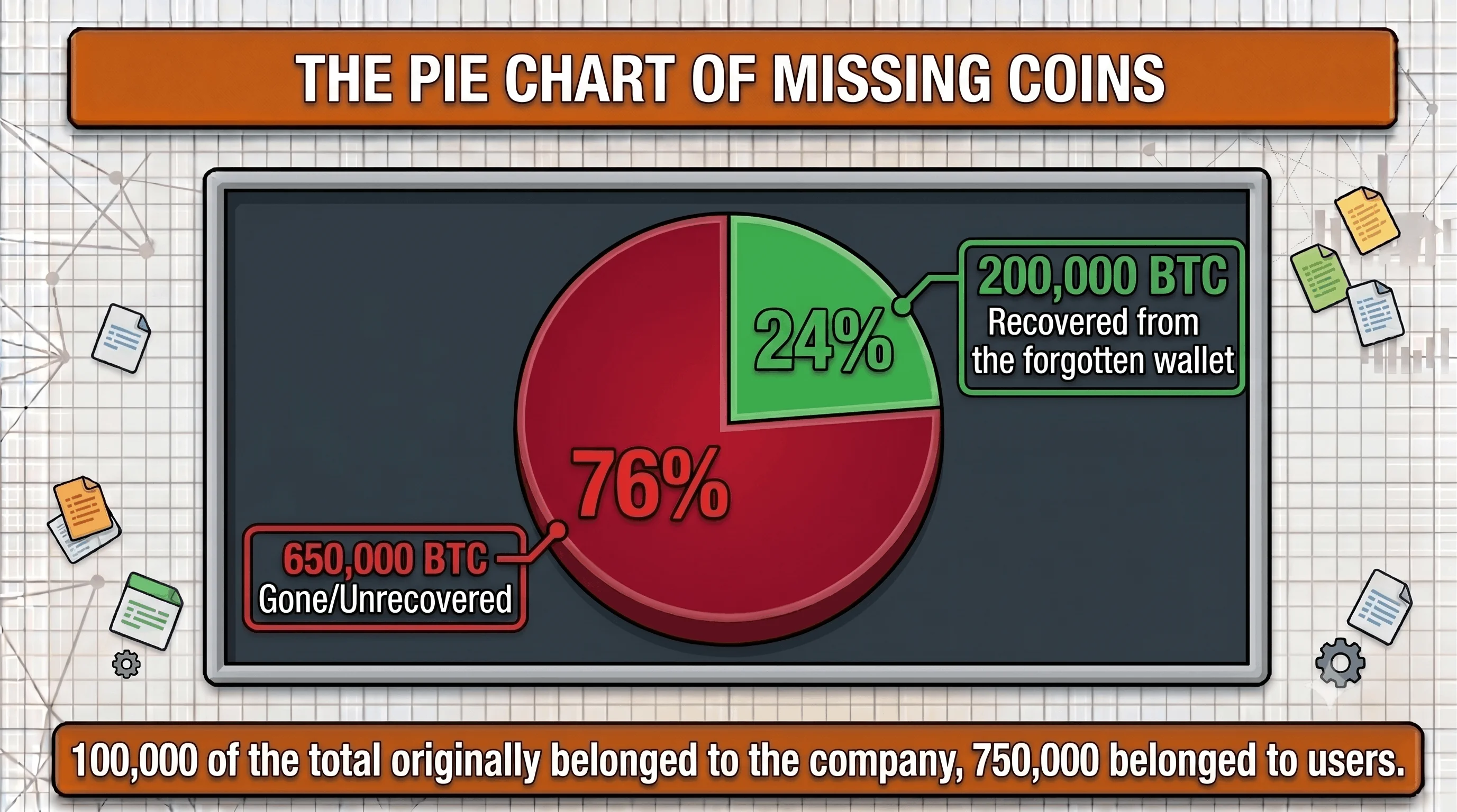 A detailed pie chart broken down into segments representing the total 850,000 BTC reported missing during the Mt. Gox bankruptcy: displaying customer losses (~750k BTC), company losses (~100k BTC), and the sliver of recovered coins (~200k BTC) used for distributions.
