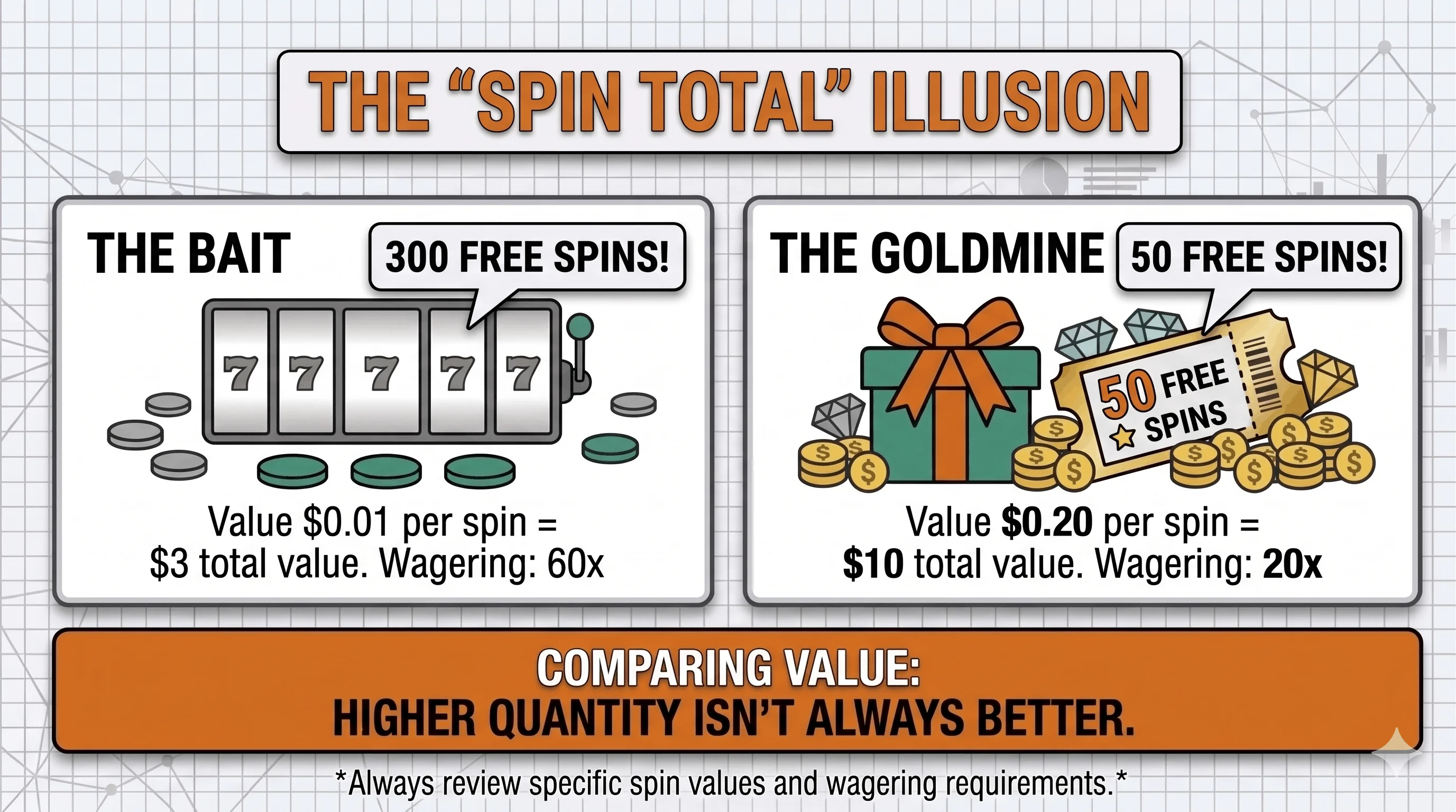 Infographic comparing a '300 free spins' offer worth $0.01 per spin at 60x wagering against a '50 free spins' offer worth $0.20 per spin at 20x, showing that higher spin counts aren't always better value.