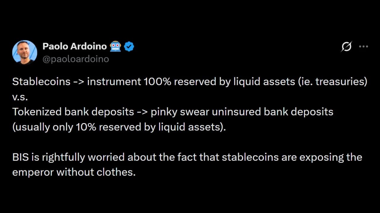 CEO van Tether haalt uit naar BIS vanwege het streven naar tokenized bankdeposito’s