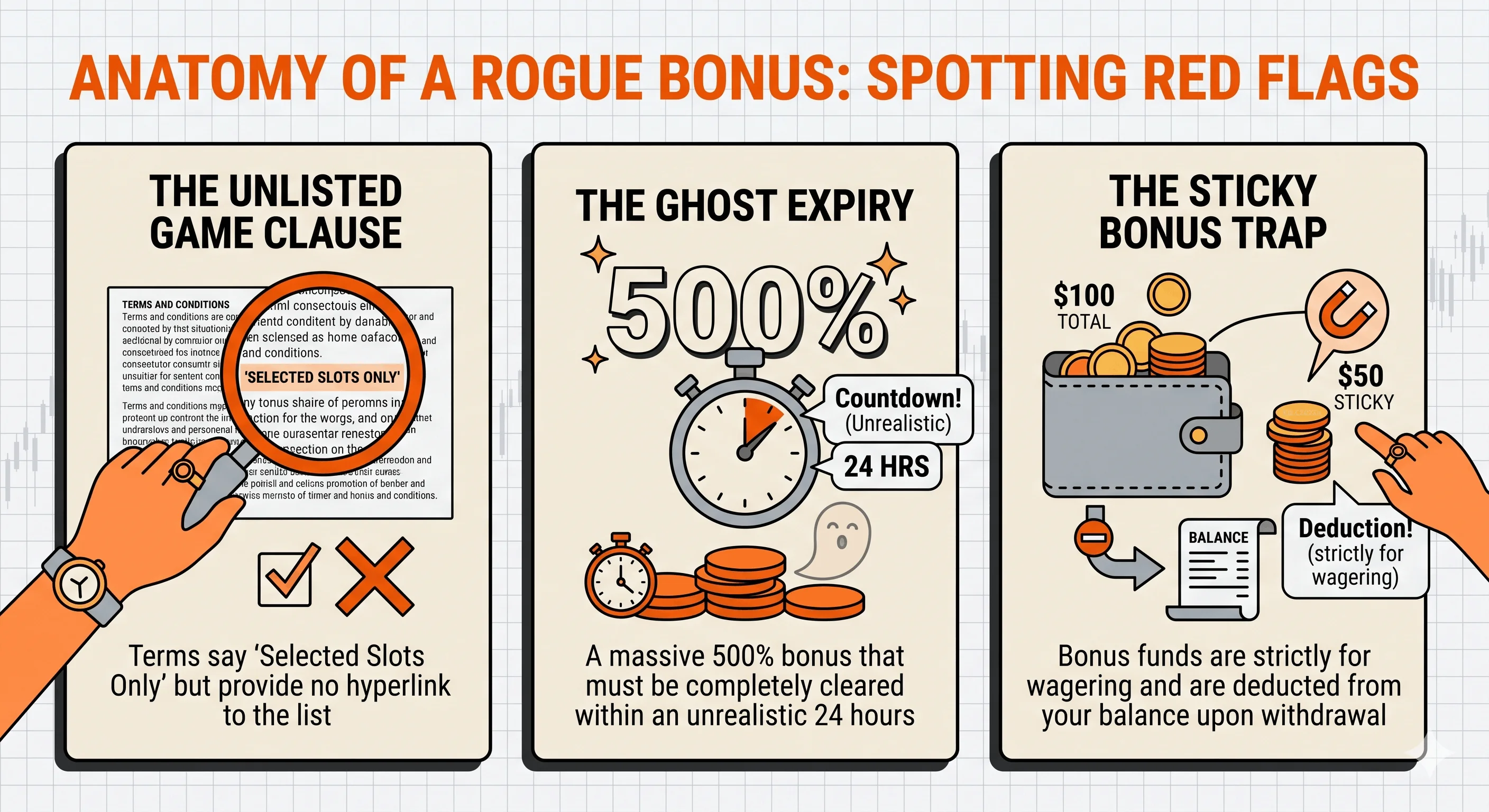 Three-panel infographic of crypto bonus red flags: an 'unlisted game clause' that says 'selected slots only' with no list, a 'ghost expiry' 500% bonus that must clear in an unrealistic 24 hours, and a 'sticky bonus trap' where bonus funds are deducted from the balance on withdrawal.