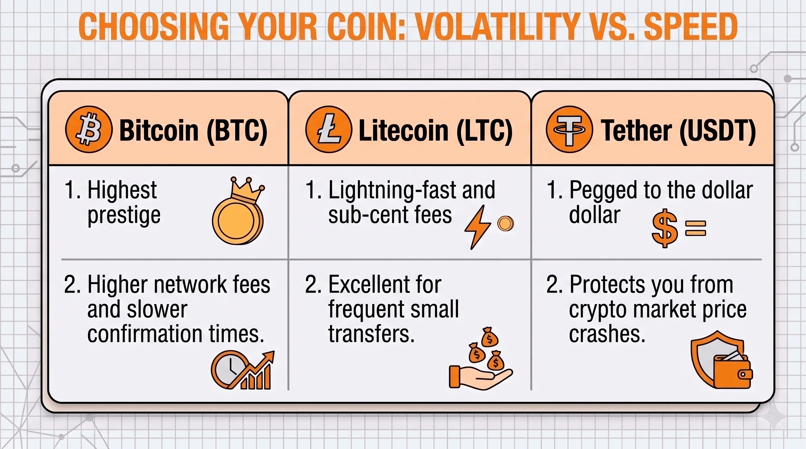 Three-column infographic comparing Bitcoin (prestige but higher fees and slower confirmations), Litecoin (fast, sub-cent fees, good for small transfers), and Tether/USDT (dollar-pegged, shielding value from crypto price swings).