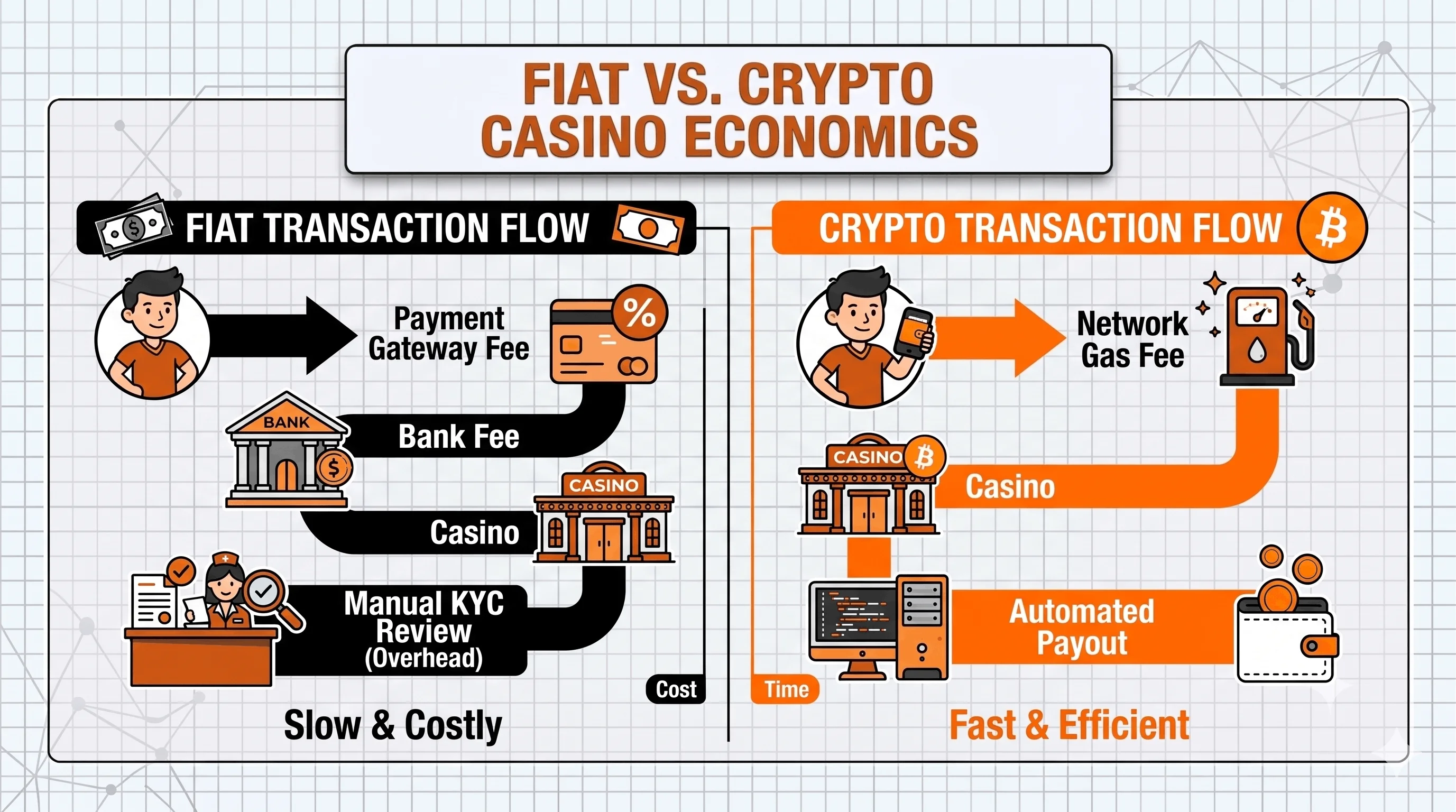 Infographic comparing fiat and crypto casino payment flows, showing crypto skips the bank, card, and manual-KYC steps that make fiat slower and costlier.