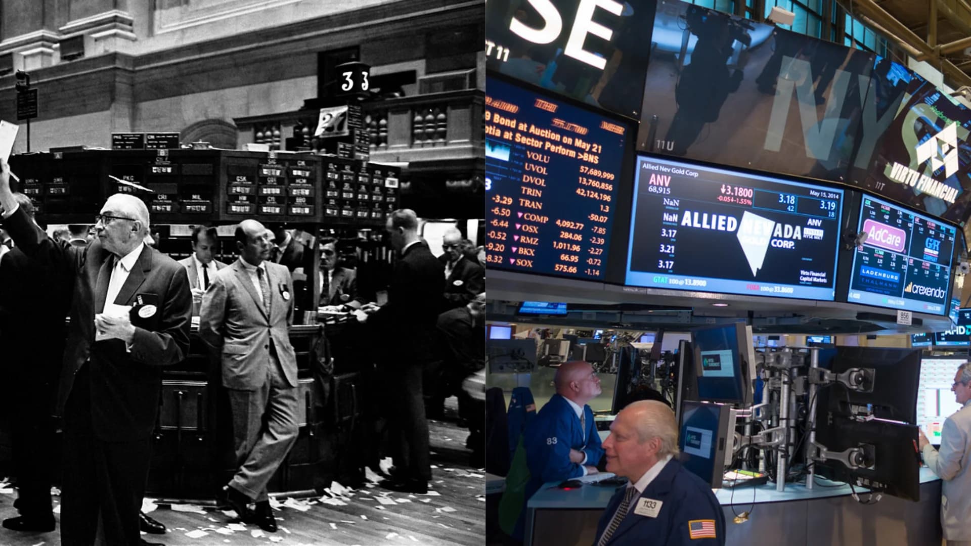 A side-by-side comparison. Left: the historic open-outcry trading floor, packed with brokers gesturing and shouting amid paper order slips and ticker displays. Right: today's quieter floor, with far fewer people working among banks of electronic screens, reflecting the shift to mostly electronic trading.