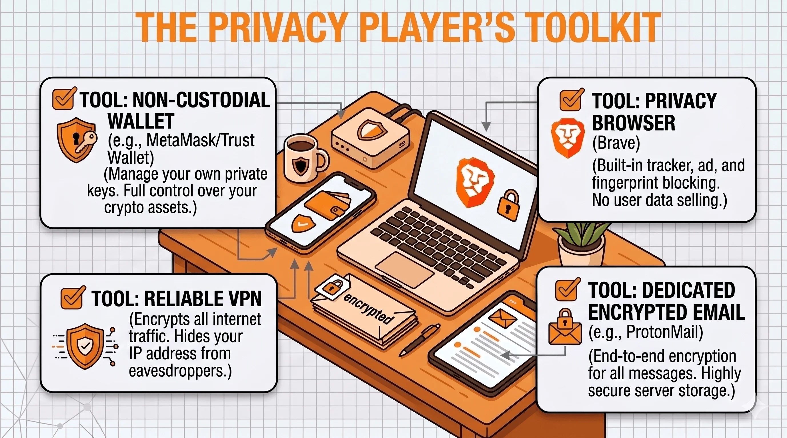 Infographic showing four privacy tools for online gambling: a non-custodial wallet, a privacy browser, a VPN, and an encrypted email service.